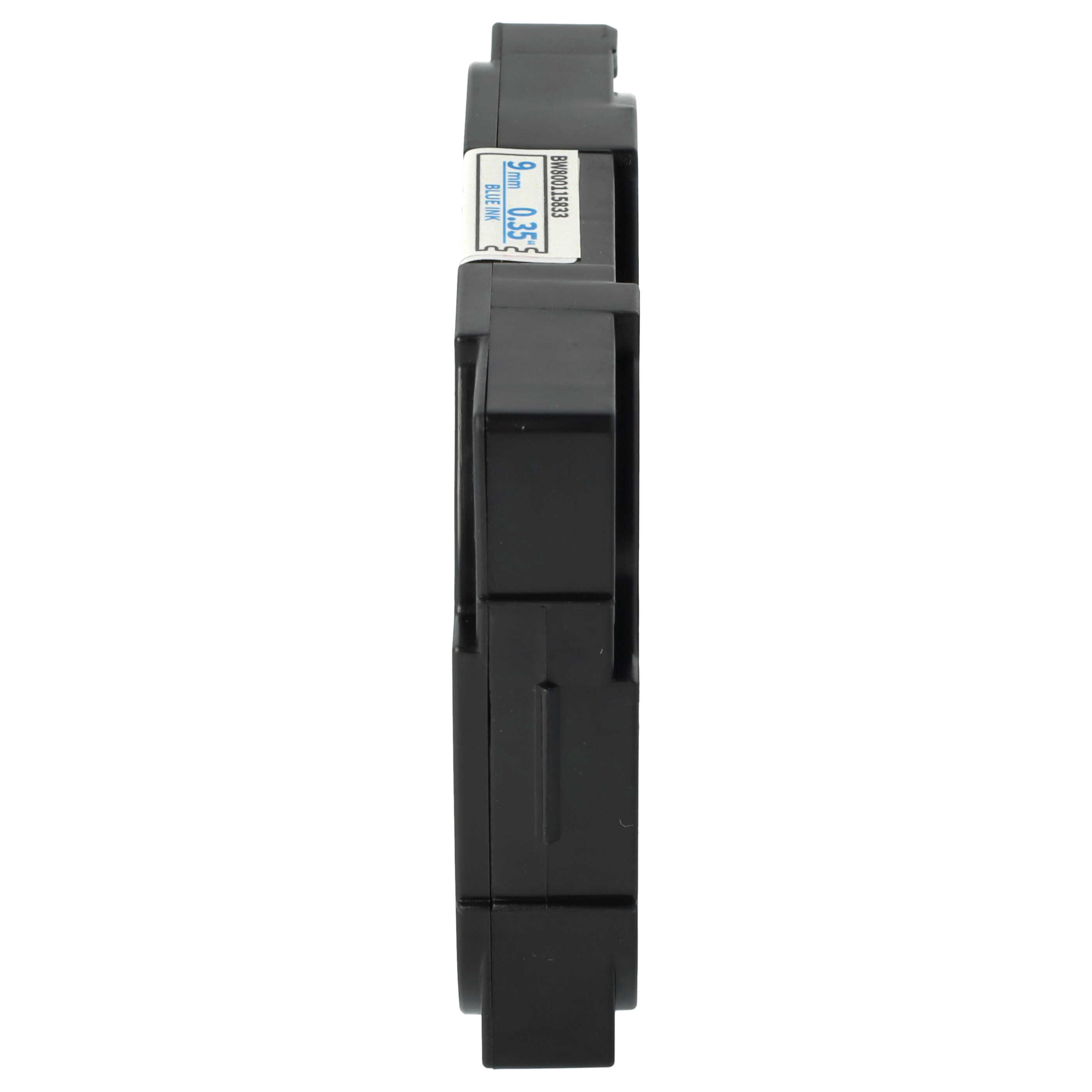 Eine schwarze Etikettenkassette mit weißem Aufkleber, der blaue Tinte, 9 mm und 0,35 Zoll anzeigt.