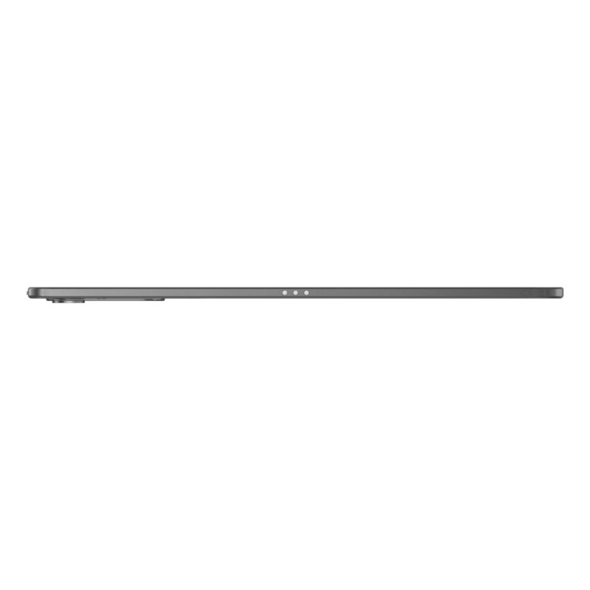 Vista laterale di un tablet grigio sottile con tre pin di contatto al centro su sfondo bianco.