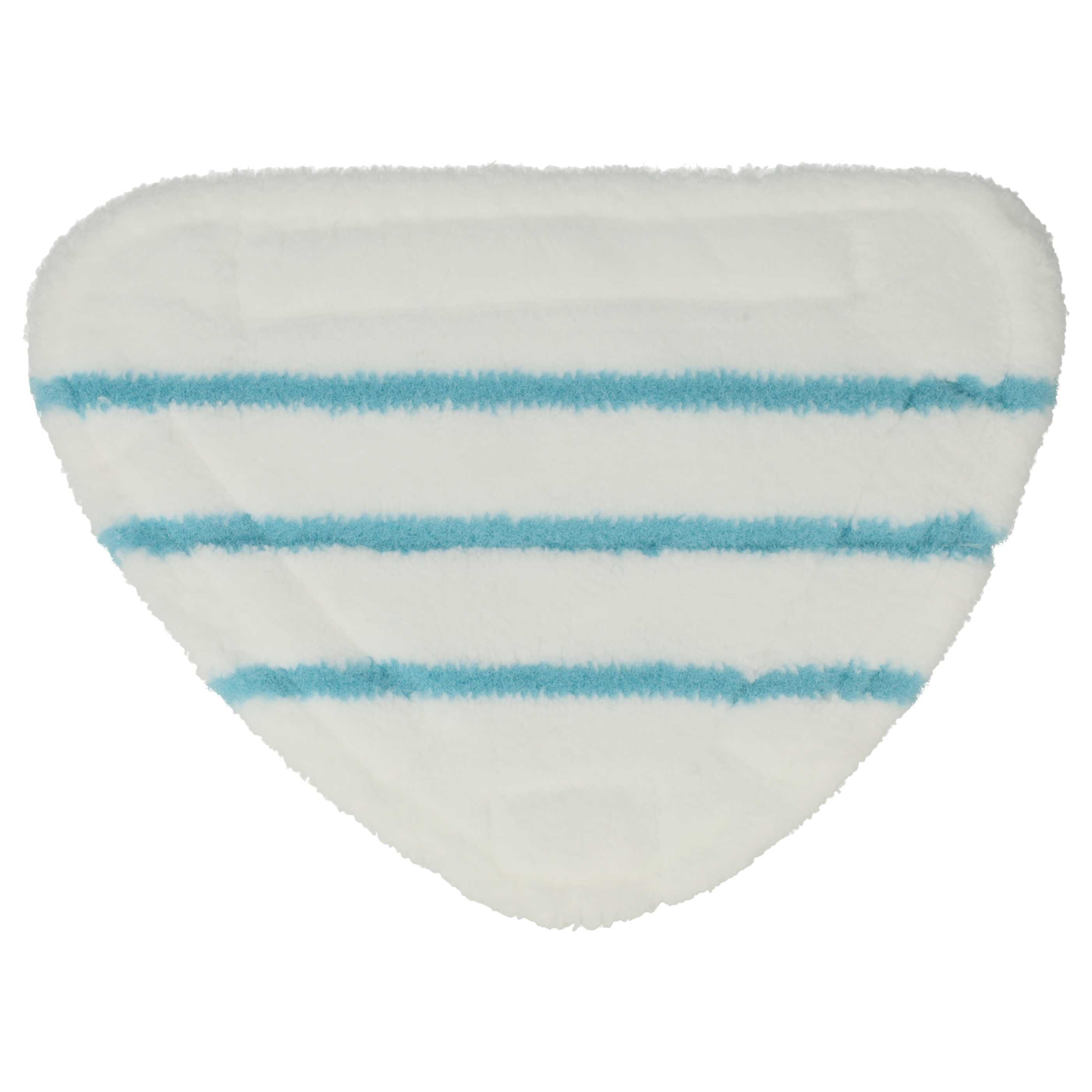 Dreieckiges weißes Mopp-Pad mit drei blauen Streifen vor weißem Hintergrund.