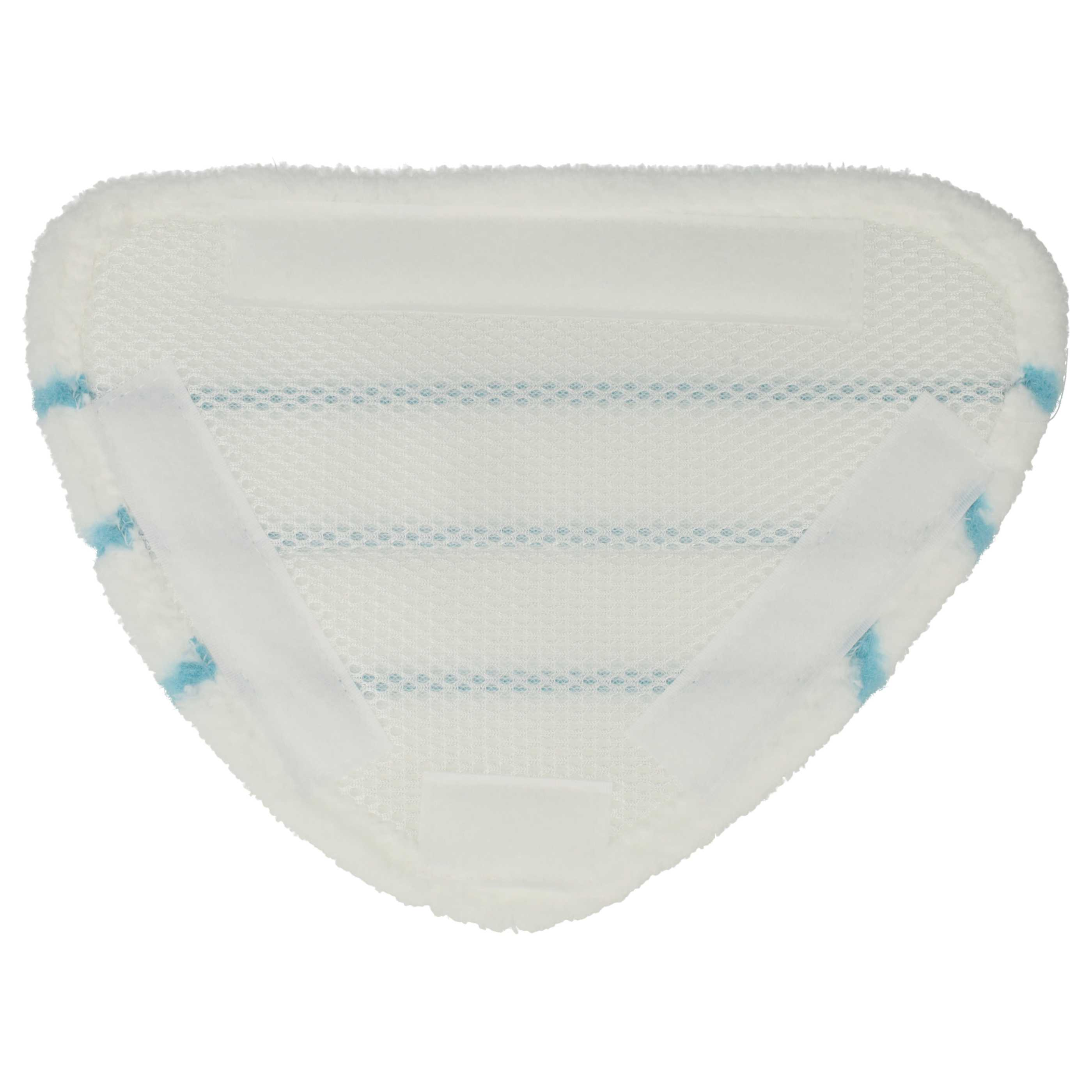 Dreieckiges weißes Mopp-Pad mit blauen Streifen und Klettverschluss.