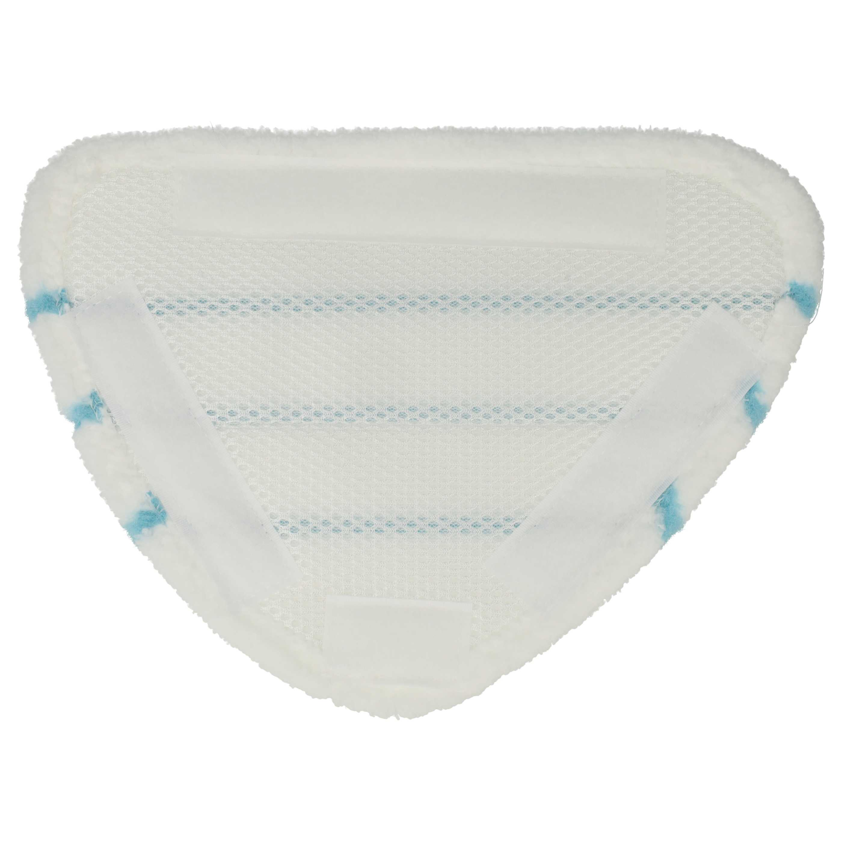 Dreieckiges weißes Wischtuch mit blauen Streifen und Klettbändern auf der Rückseite.