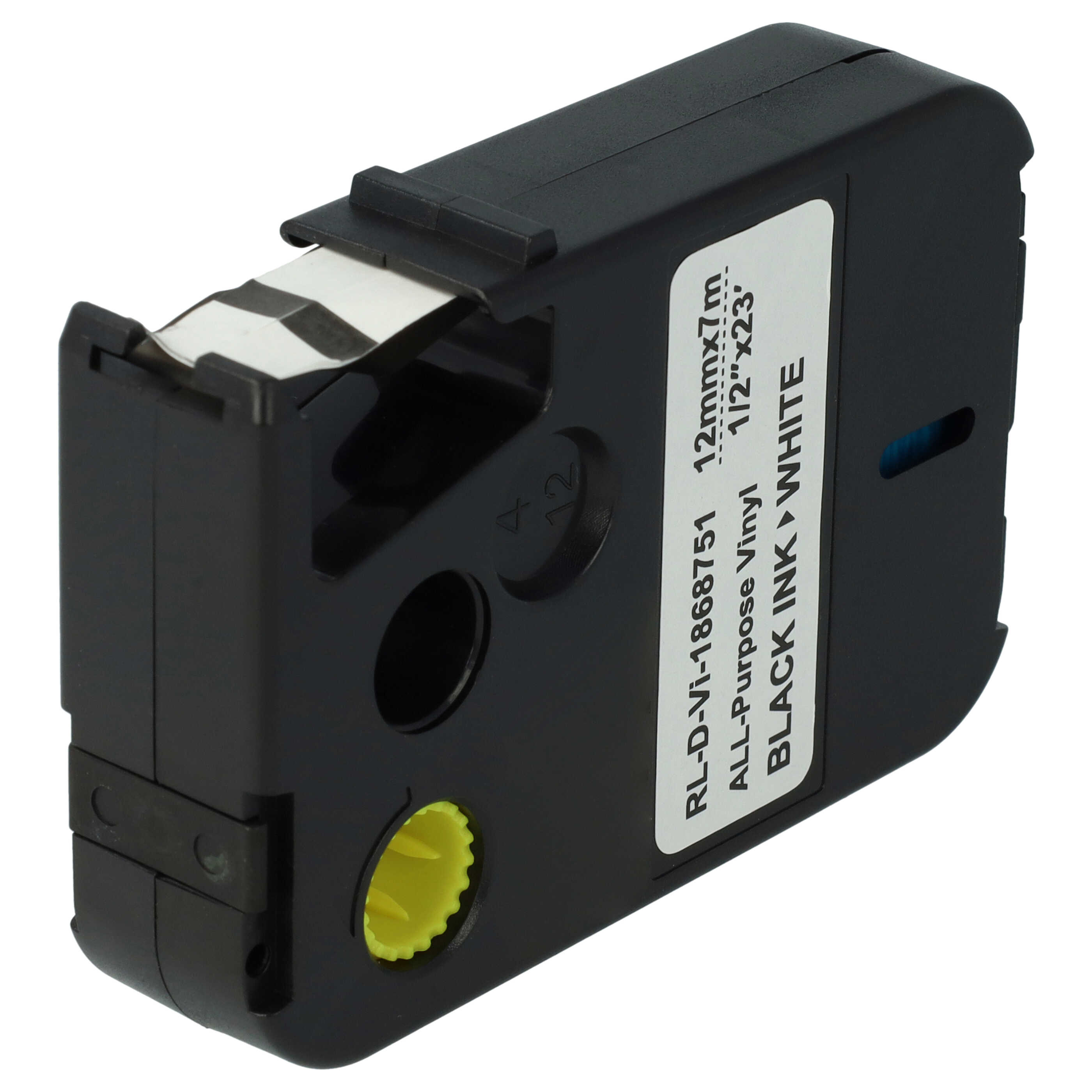 Schwarze Etikettendrucker-Kassette mit weißem Etikett und gelbem Zahnrad.