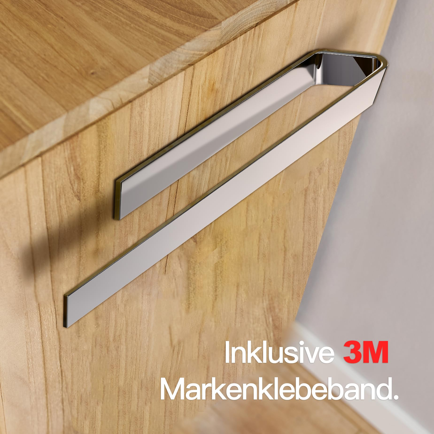 Glänzender Handtuchhalter aus Metall an einem Holzmöbel, unten deutscher Text mit 3M Logo.