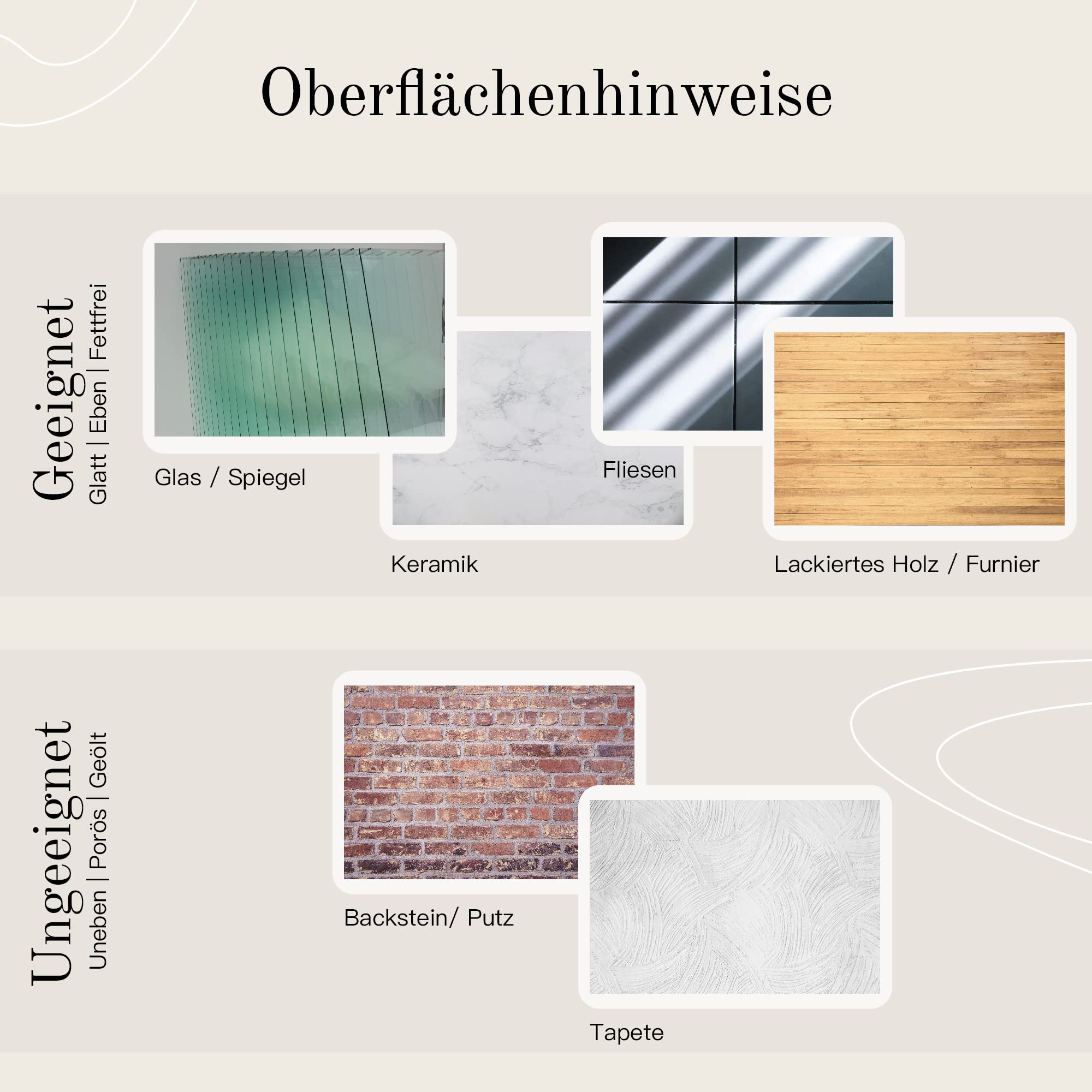 Infografik zeigt geeignete Oberflächen wie Glas, Fliesen und Holz sowie ungeeignete wie Backstein und Tapete.