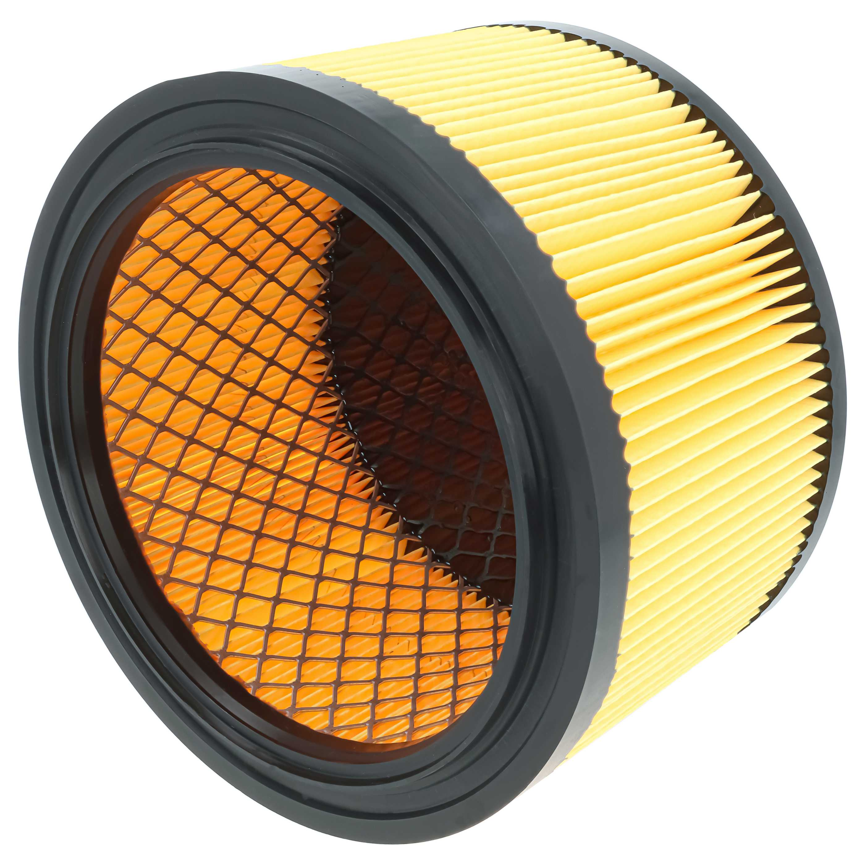 Ein zylindrischer gelb-schwarzer Auto-Luftfilter mit Faltenpapier und Drahtgitterinnenraum.