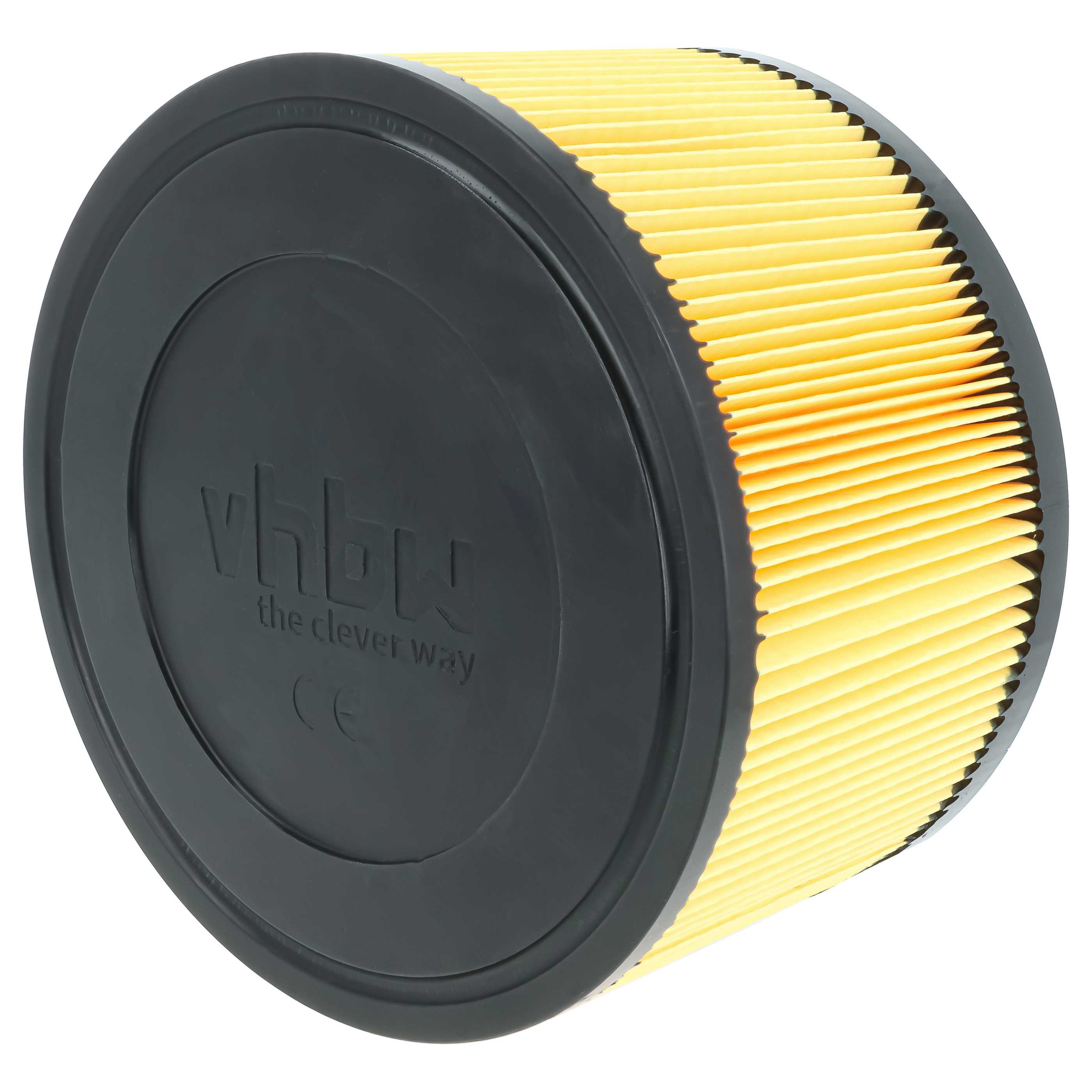 Runder zylindrischer Luftfilter mit gelben Falten und schwarzem Kunststoffdeckel.