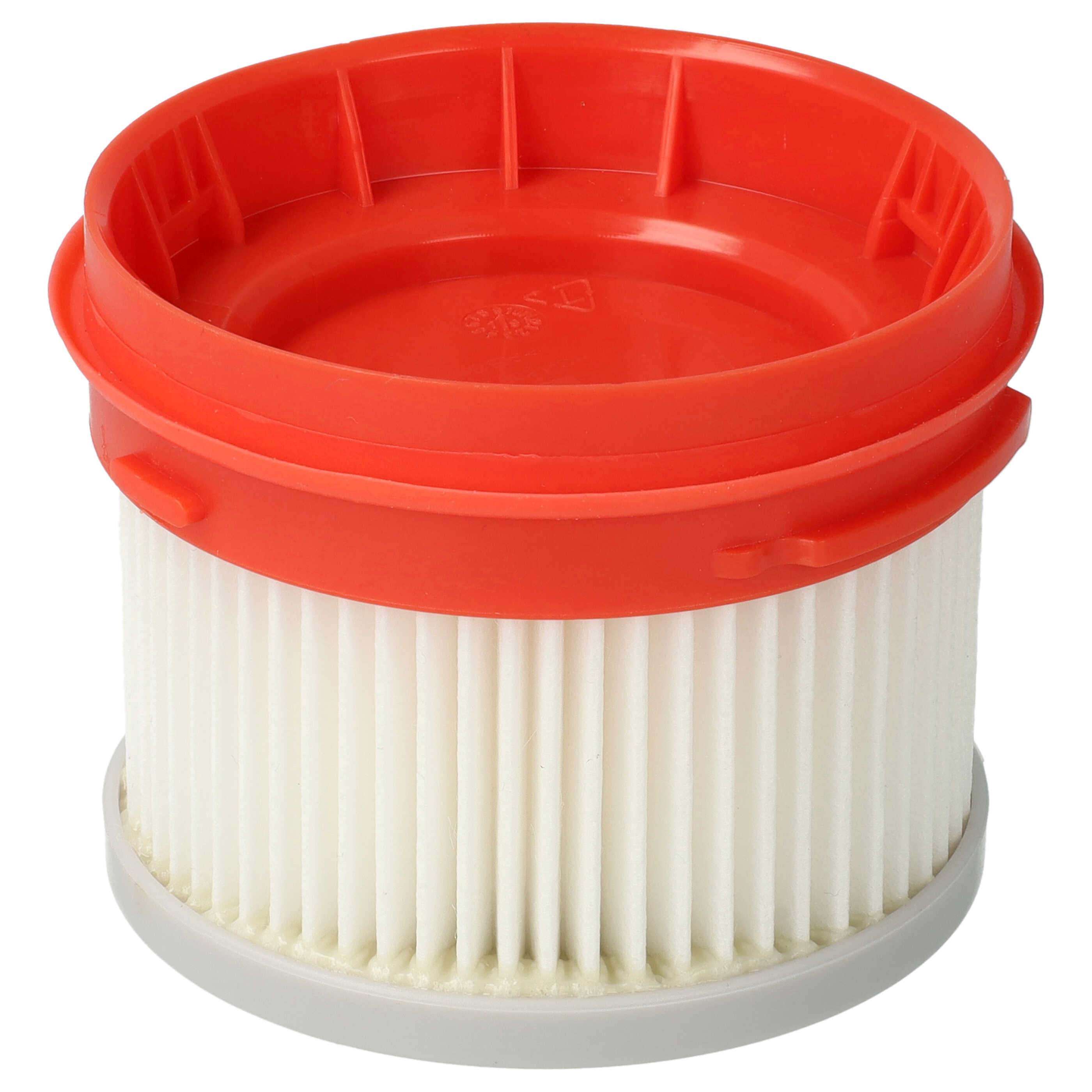 Runder Staubsaugerfilter mit rotem Plastikdeckel und weißem Faltenfilter.