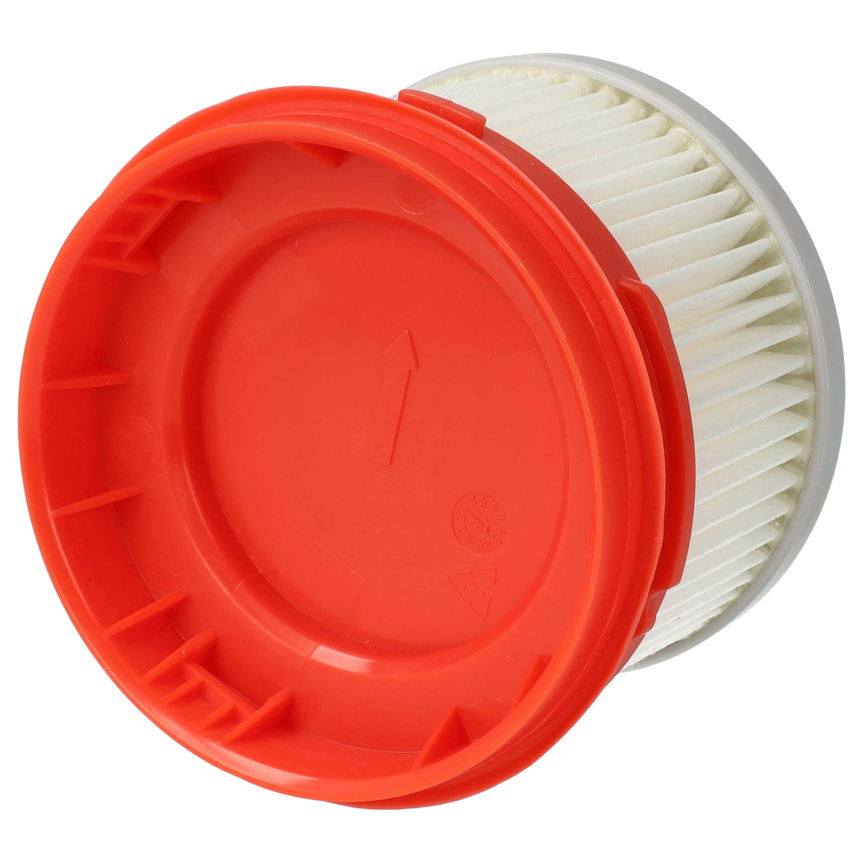 Ein zylindrischer Filter mit einem leuchtend roten Plastikdeckel und weißem Faltenfilterelement auf weißem Hintergrund.