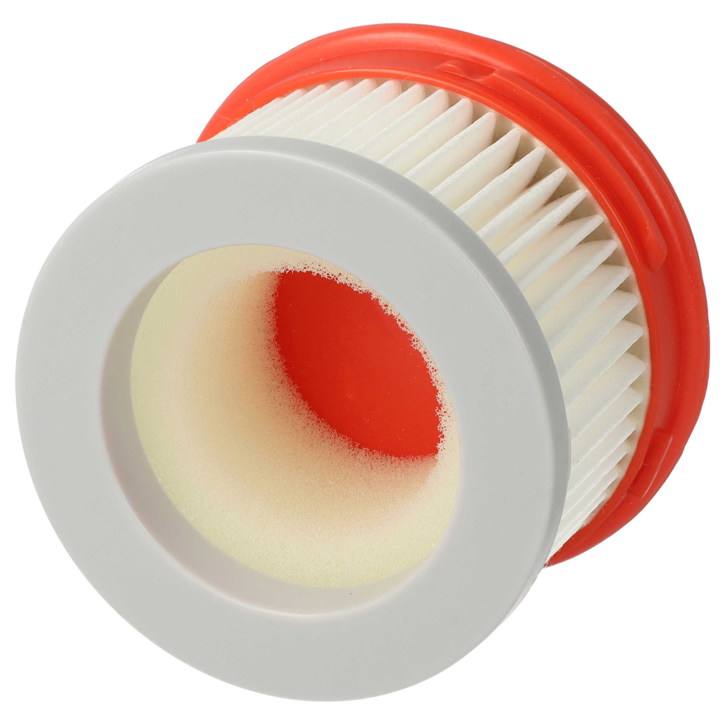 Ein zylindrischer HEPA-Filter mit roter Basis, weißem Faltenpapier und einem Schaumstoffeinsatz auf weißem Hintergrund.