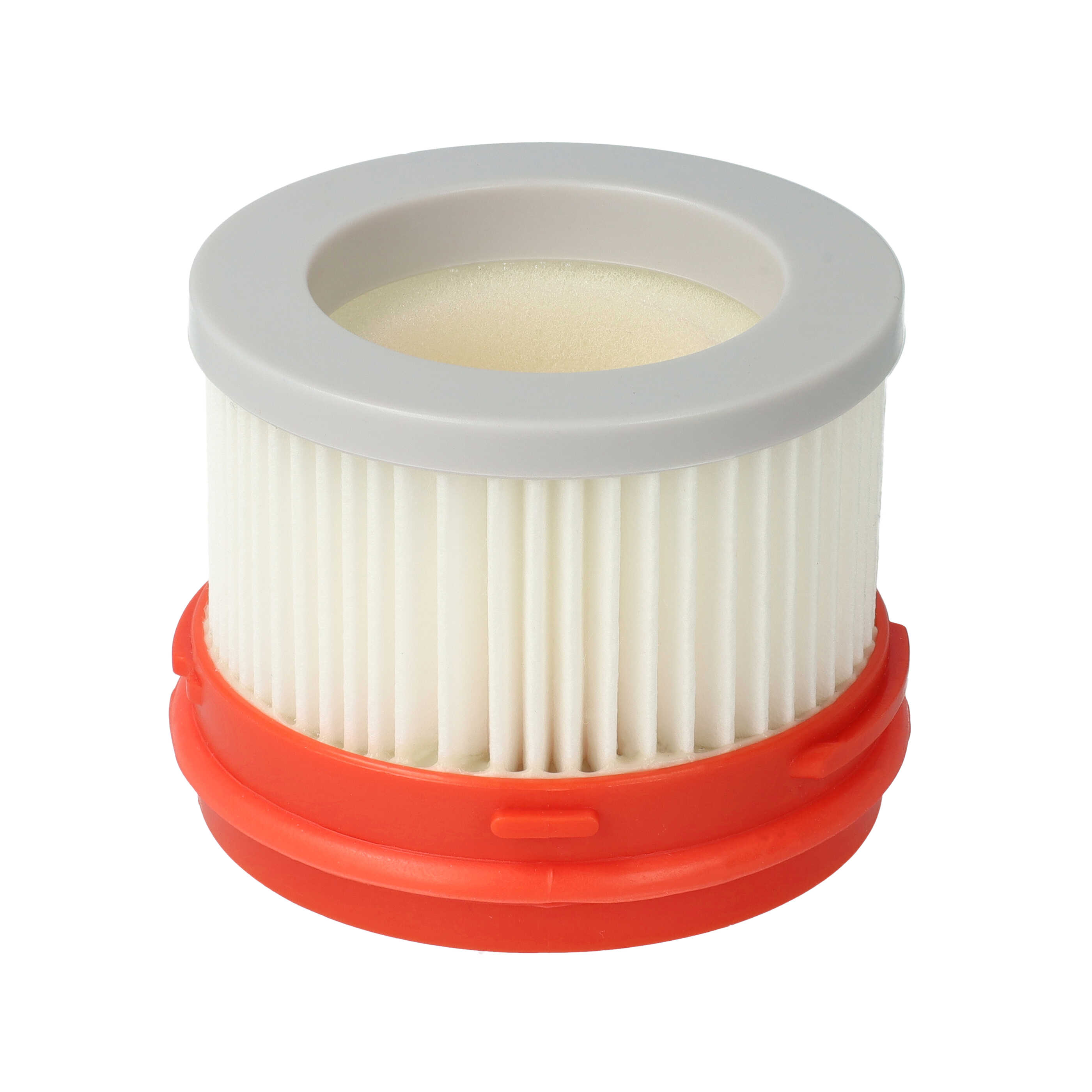 Zylindrischer Filter mit weißem Faltenmaterial, grauem Ring oben und roter Kunststoffbasis unten.