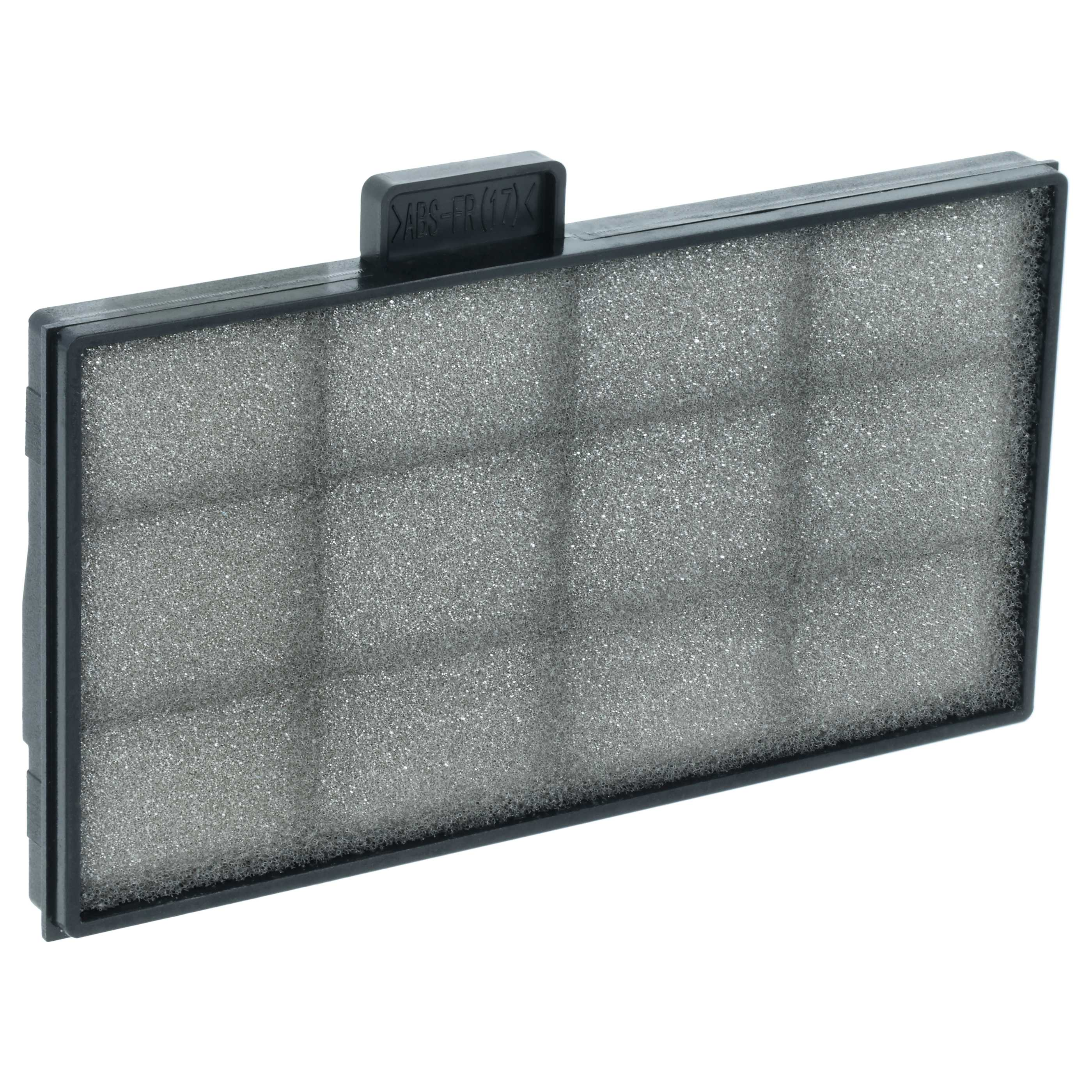 Ein rechteckiger schwarzer Filter mit grauen Schaumstoffquadraten und einer Lasche oben.