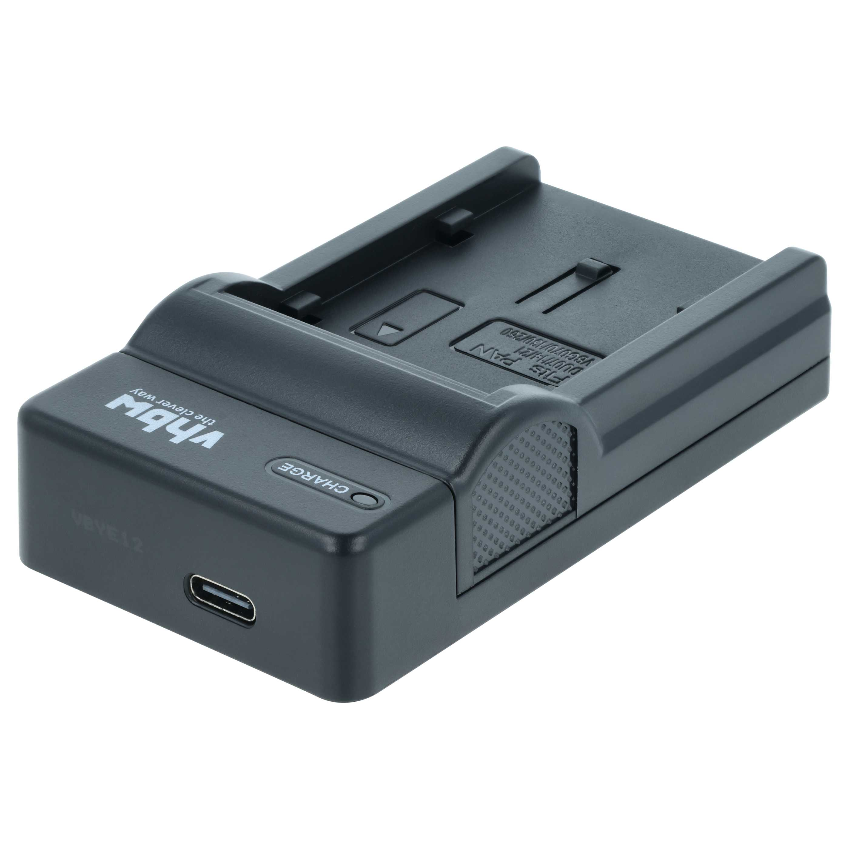 Schwarzes vhbw Akkuladegerät mit USB-C-Anschluss auf weißem Hintergrund.