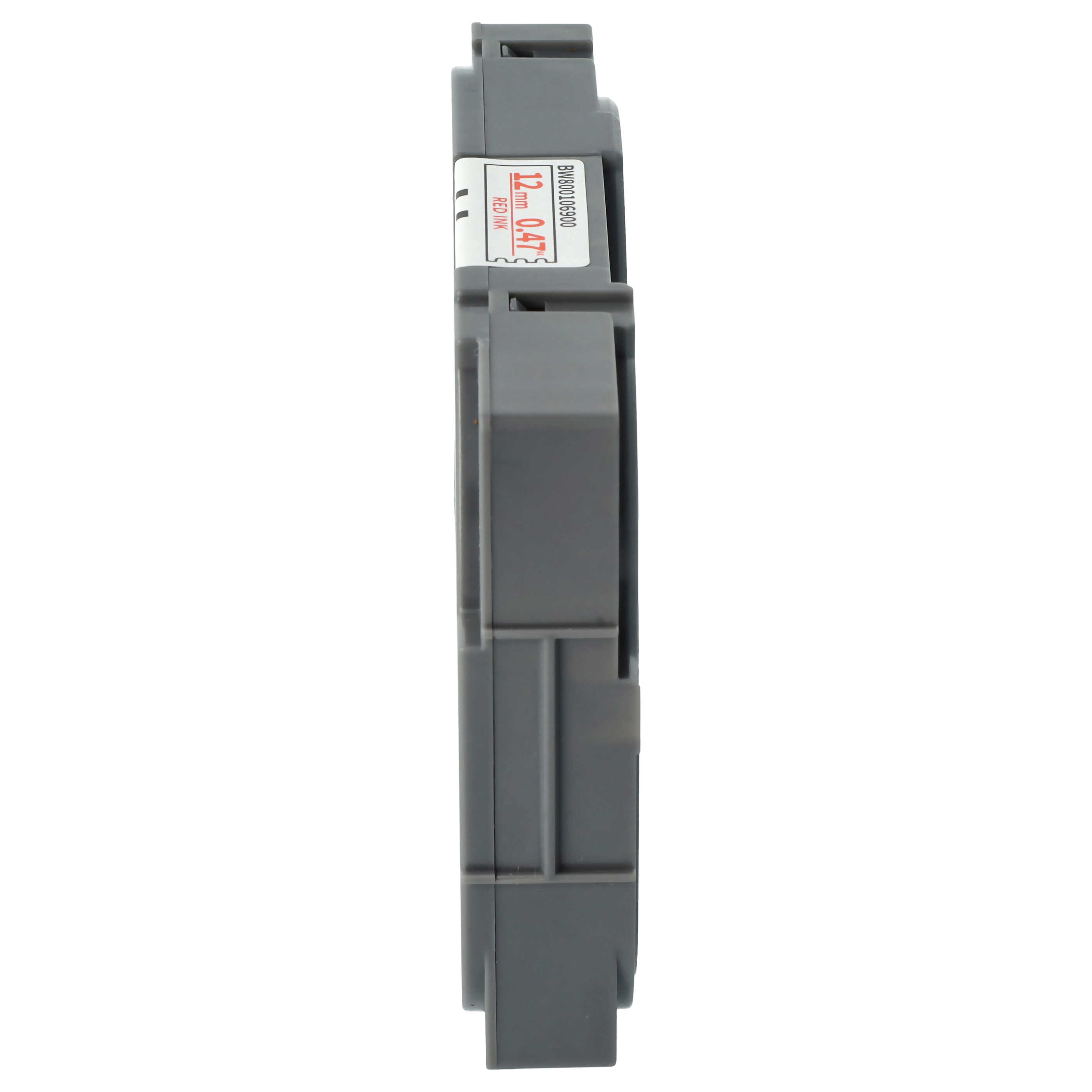 Graue Tintenkassette mit einem Etikett, das 12 mm und rote Tinte anzeigt, vor weißem Hintergrund.