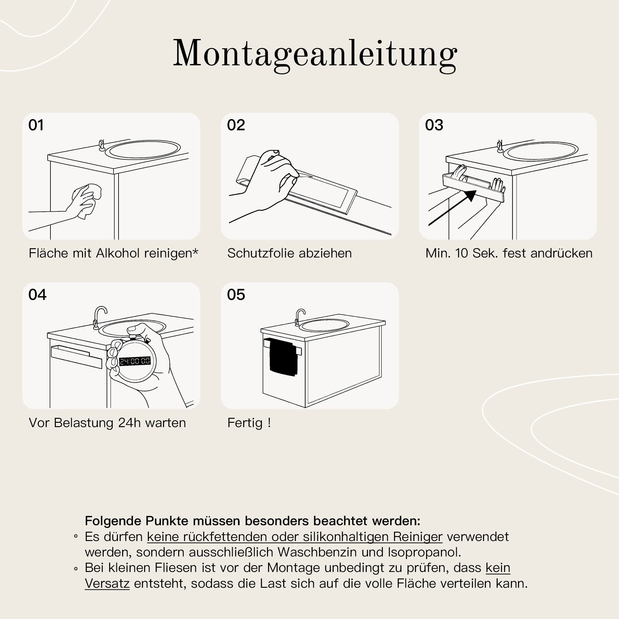 Fünfschritt-Montageanleitung für Waschtisch mit Reinigung, Folie abziehen, Kleben, Warten und Fertigstellung.
