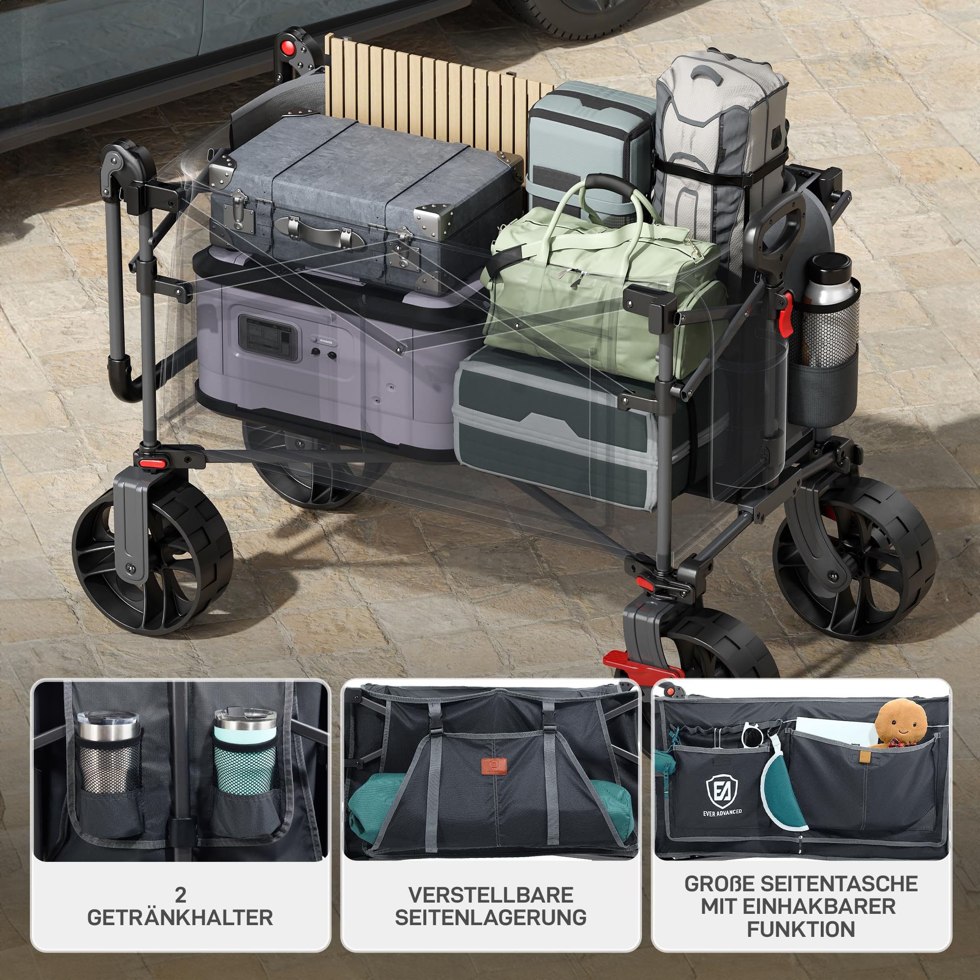 Un chariot pliant chargé de bagages, avec des photos de porte-gobelets et de poches latérales.