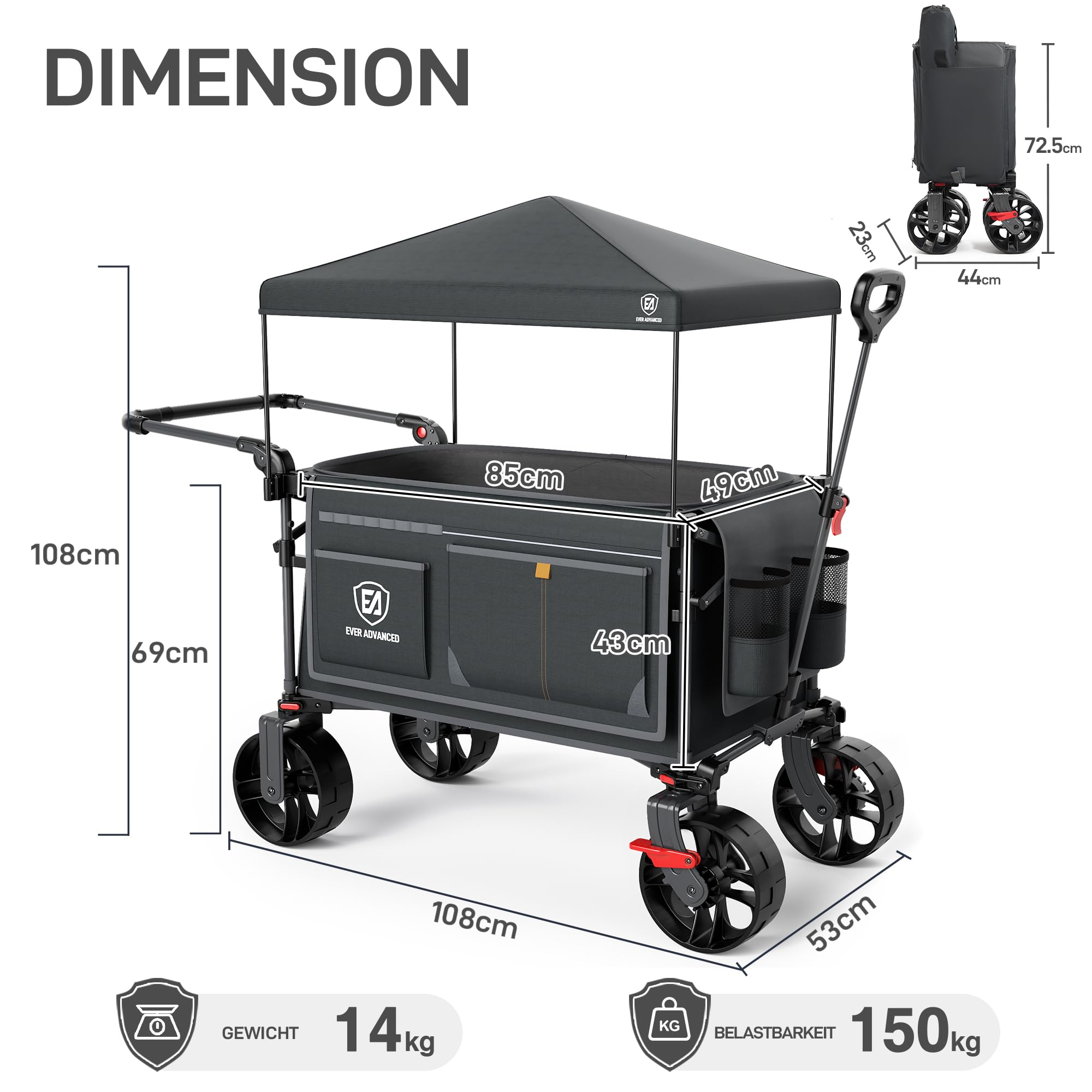 Le diagramme montre les dimensions d'un chariot gris avec auvent, poids et capacité.