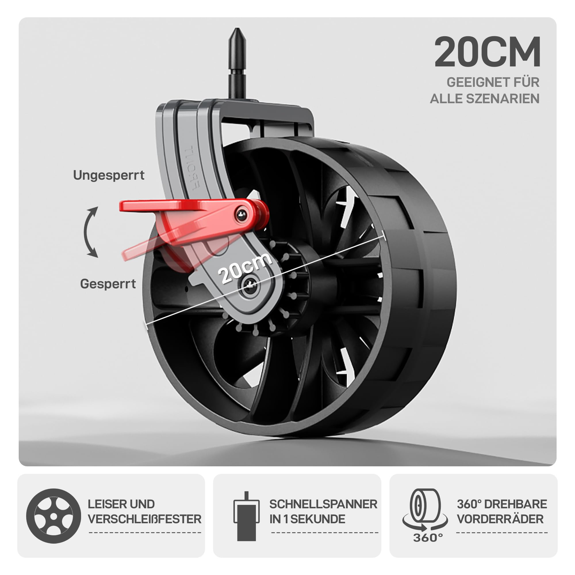 Une roulette noire de 20 cm avec un levier de frein rouge et des étiquettes allemandes sur fond gris clair.