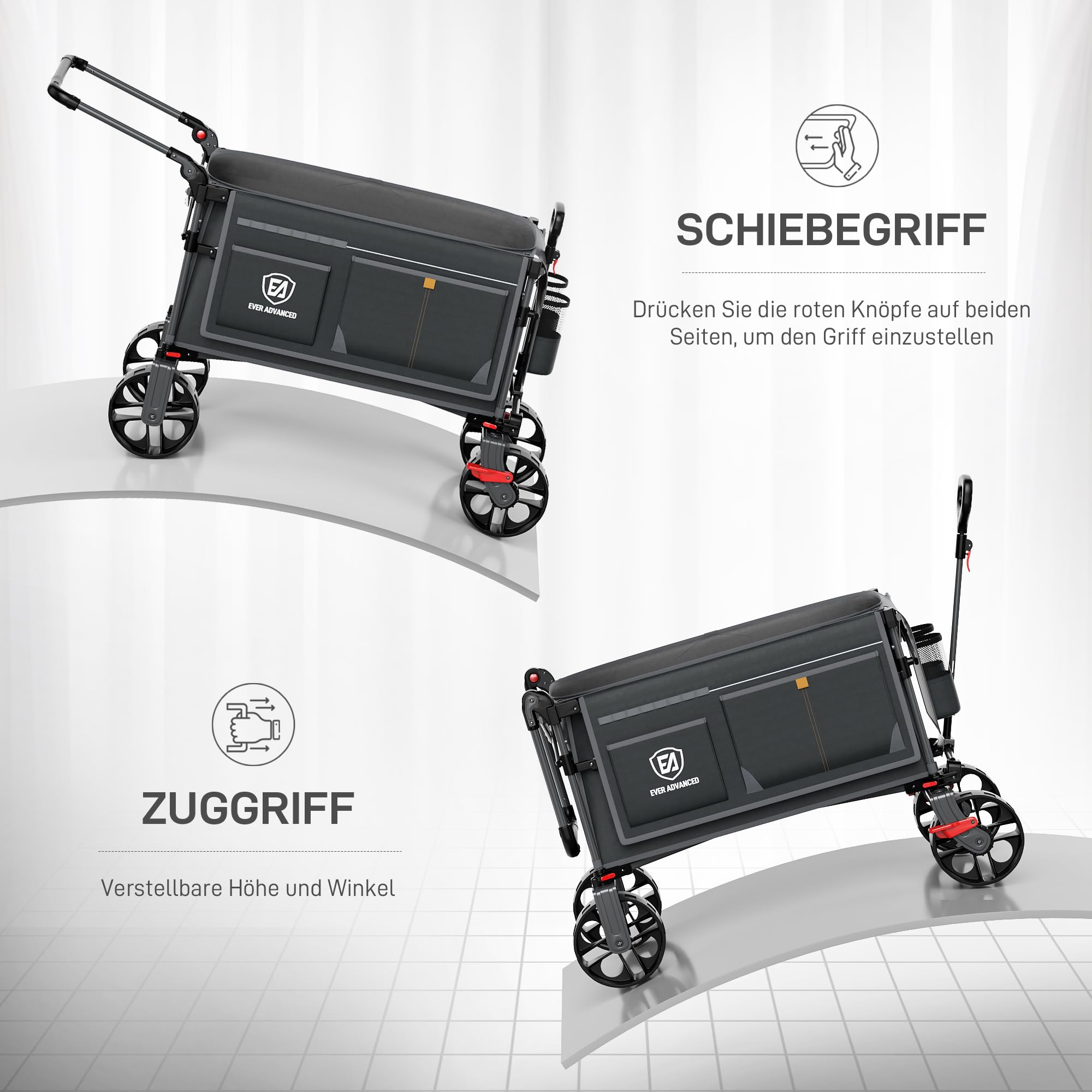Le diagramme montre la poignée de poussée et de traction réglable d'un chariot gris.