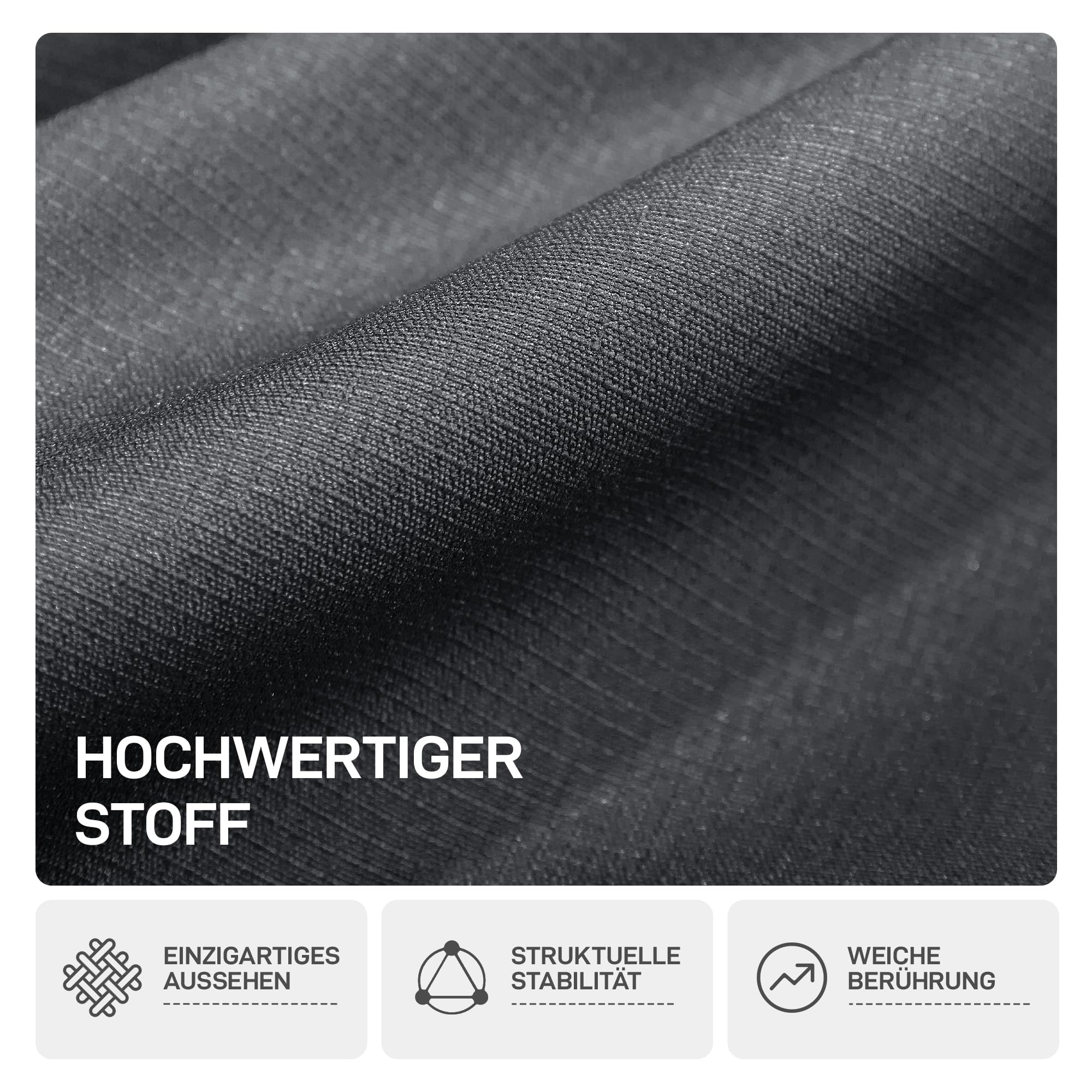 Gros plan sur un tissu noir texturé avec du texte allemand et trois icônes en dessous.