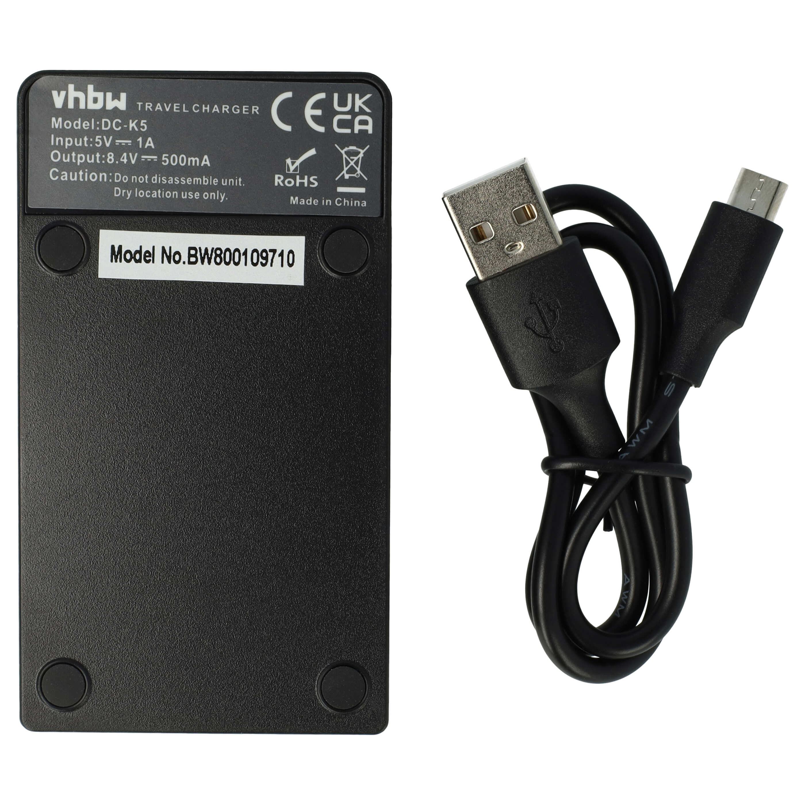 Ein schwarzes vhbw Reise-Ladegerät mit Modell-Informationen und einem USB-auf-Micro-USB-Kabel.