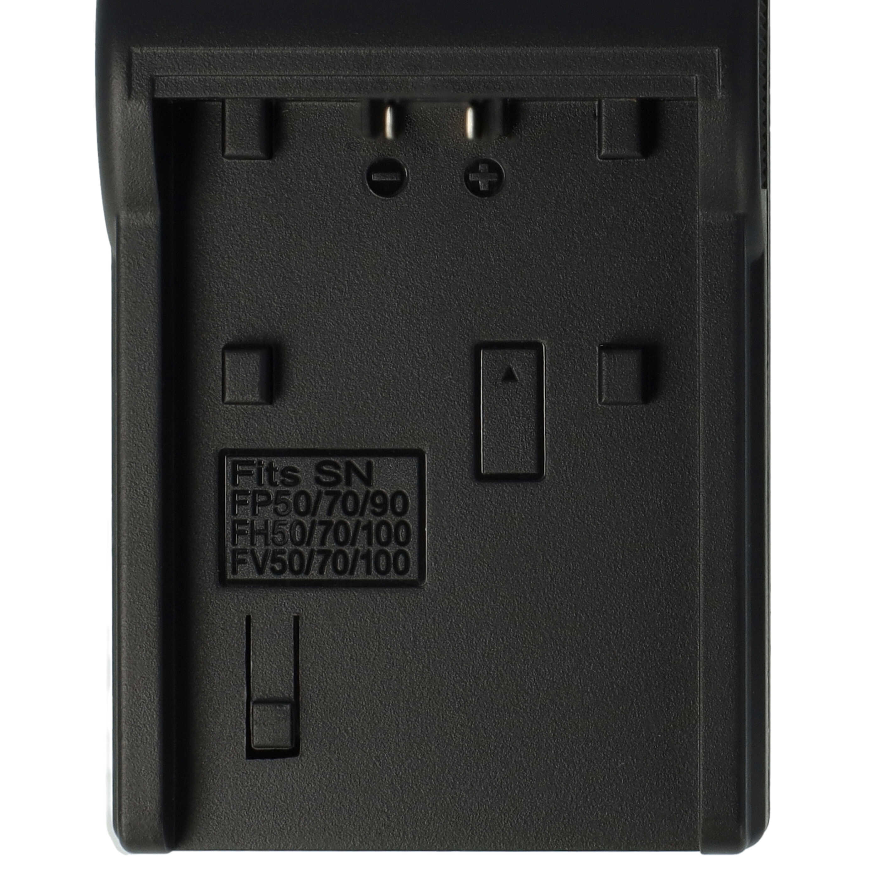 Ein schwarzes Kunststoff-Batterieladegerät mit Metallkontakten oben und kompatiblen Modellnummern unten links.