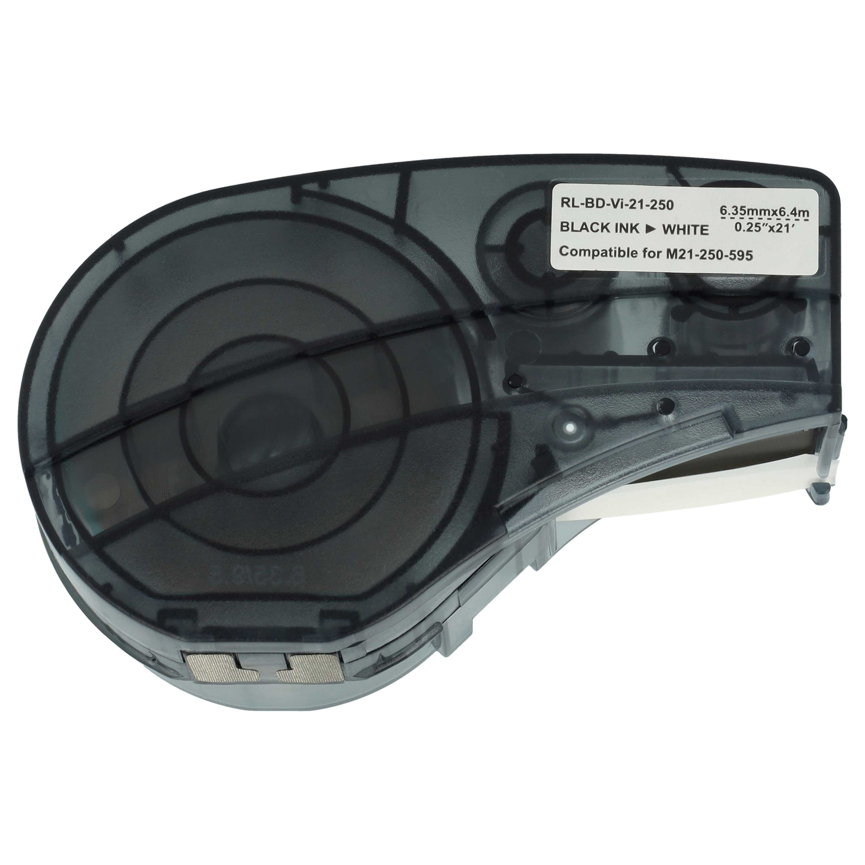 Eine schwarze, halbdurchsichtige Etikettendrucker-F Kassette mit weißem Etikett und schwarzem Text.