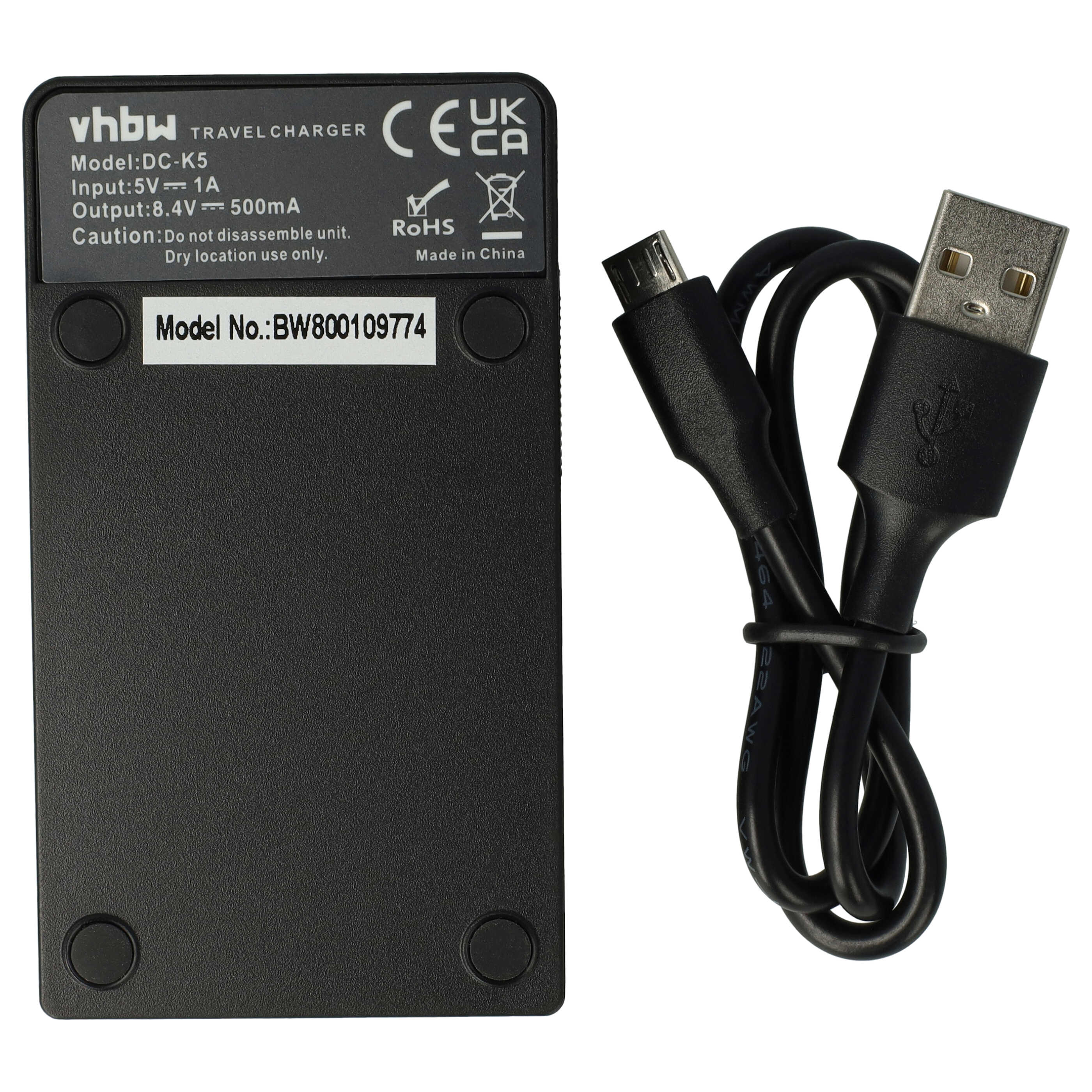 Ein schwarzes Vhbw Reise-Ladegerät mit technischer Aufschrift und einem dazugehörigen schwarzen USB-Kabel.