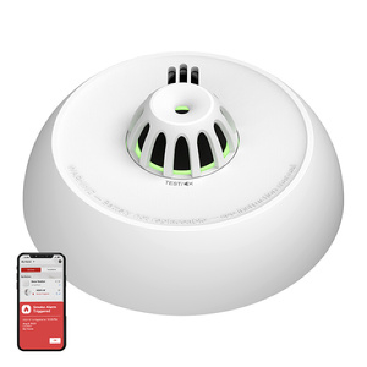 Weißer intelligenter Rauchmelder mit grünem Licht und einem Smartphone mit Warnmeldung im Vordergrund.