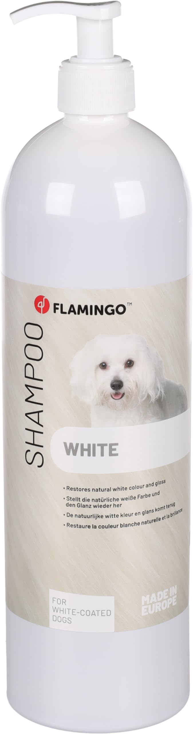 Weiße Flamingo Hundeshampoo Flasche mit Pumpe und Bild eines weißen Hundes.