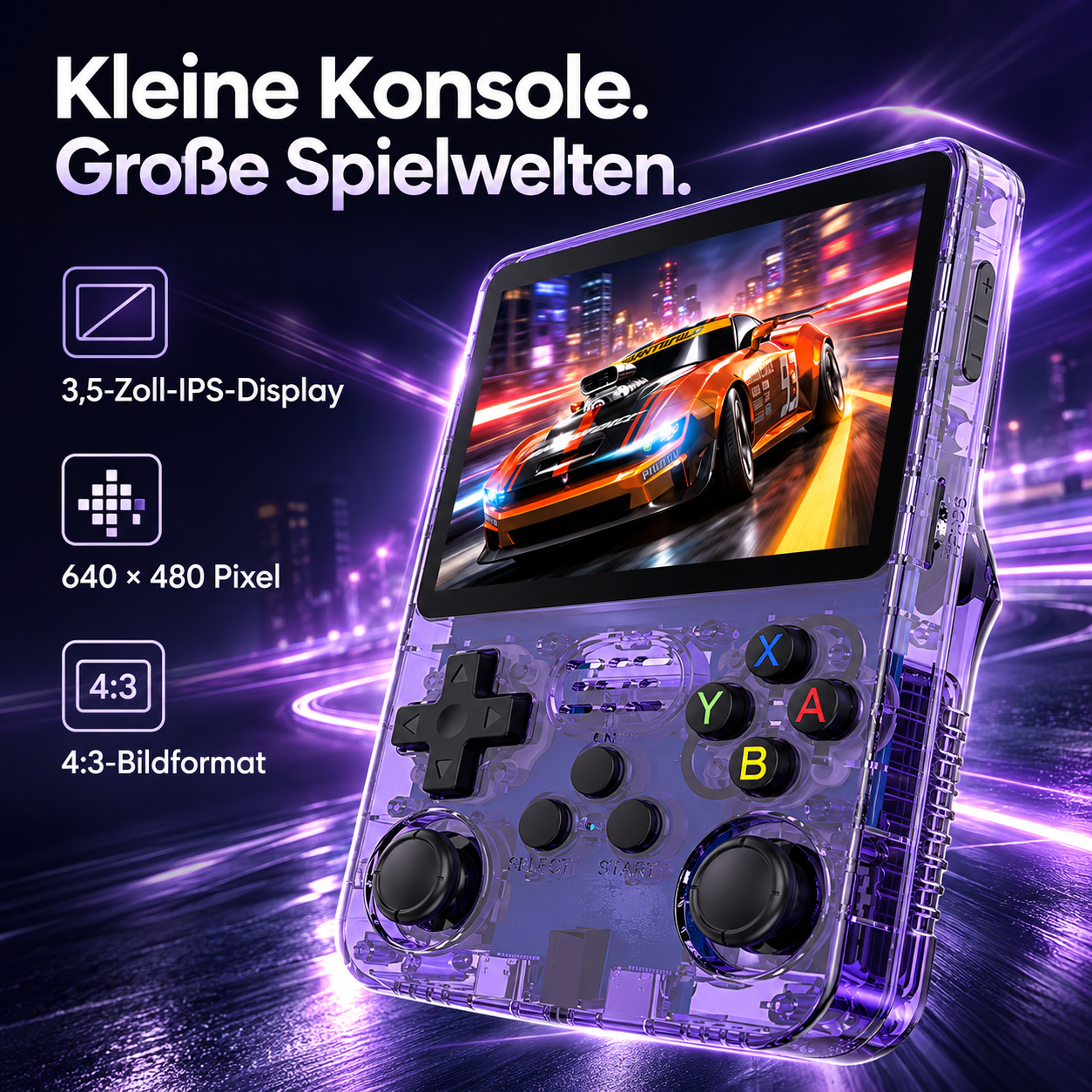 Durchsichtige violette Handheld-Konsole vor nächtlicher Rennspiel-Kulisse mit technischen Daten.