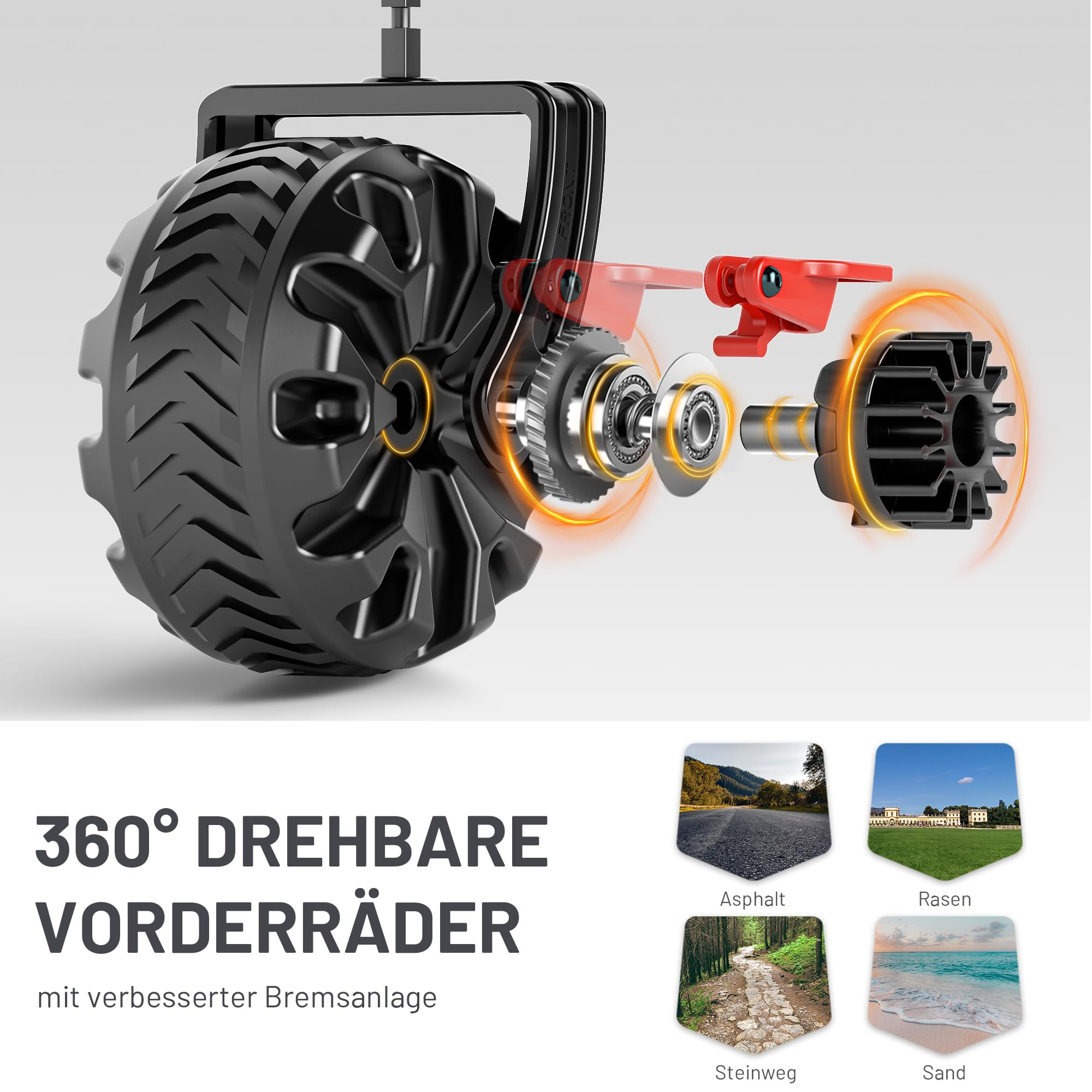 Vue éclatée d'une roue avant pivotante à 360 degrés avec diverses surfaces et un système de freinage.