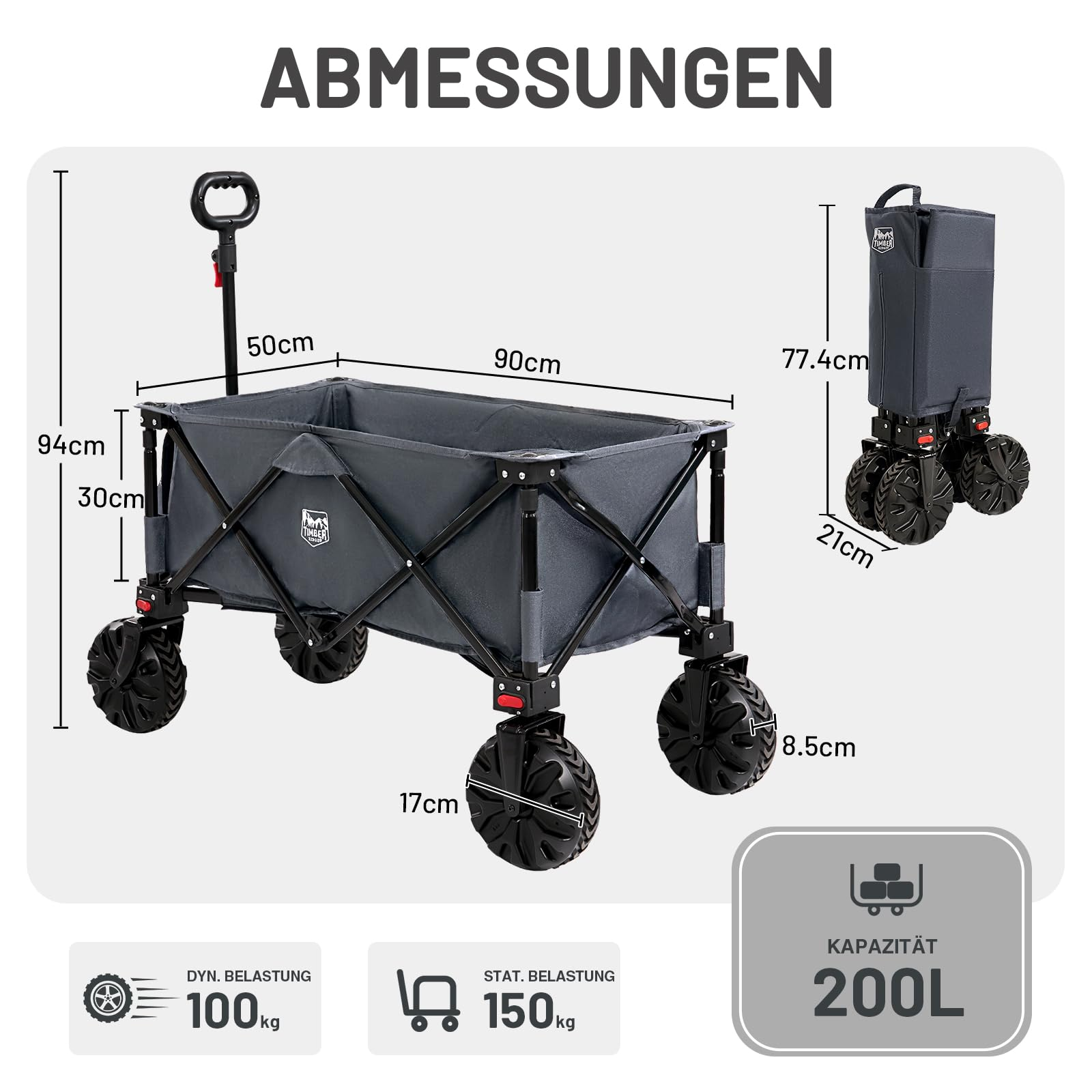 Dessin technique d'un chariot de transport gris avec des dimensions pour la hauteur, la largeur, la longueur, la taille des roues et le volume.