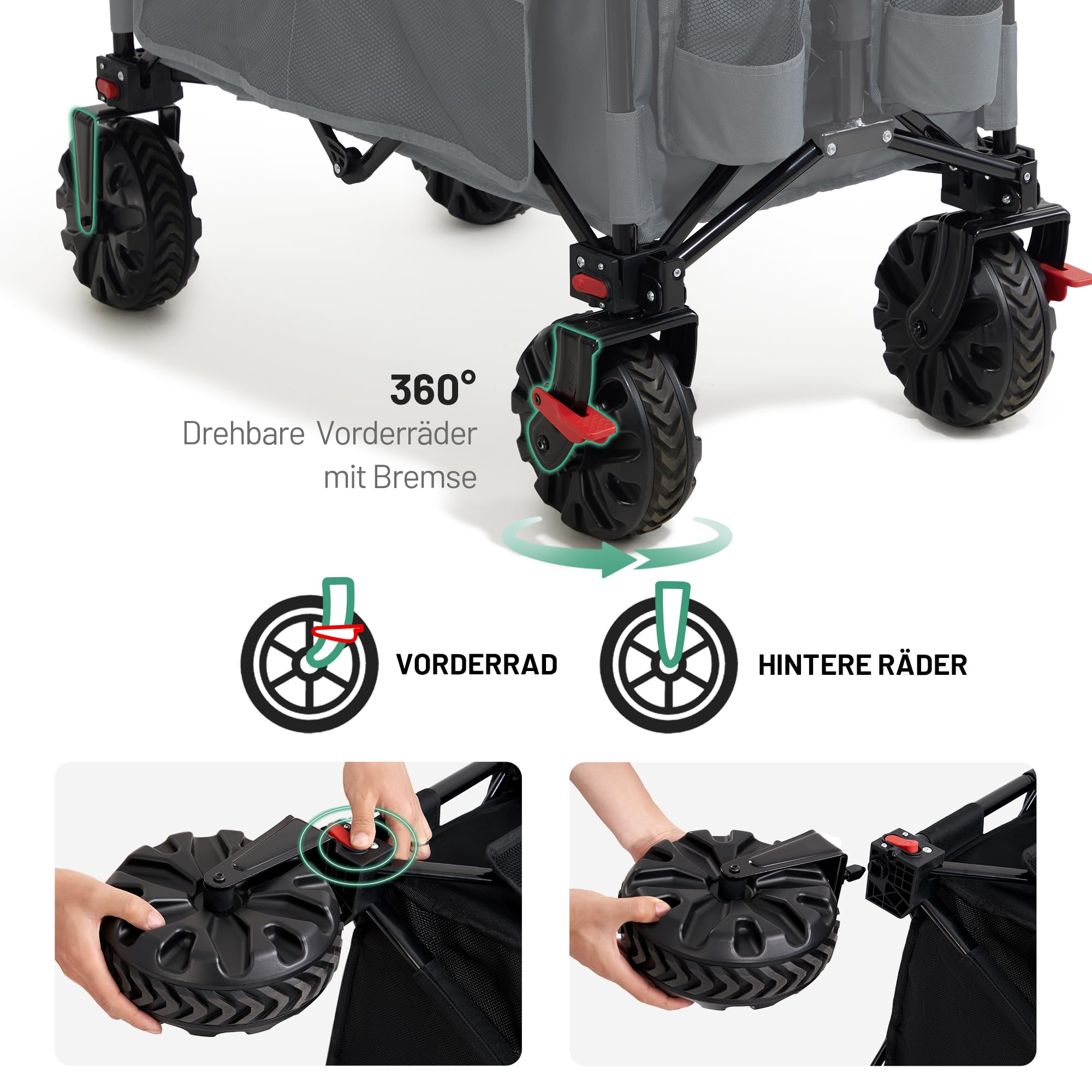 Chariot avec roues avant pivotantes à 360 degrés et freins, démontrant le démontage des roues.