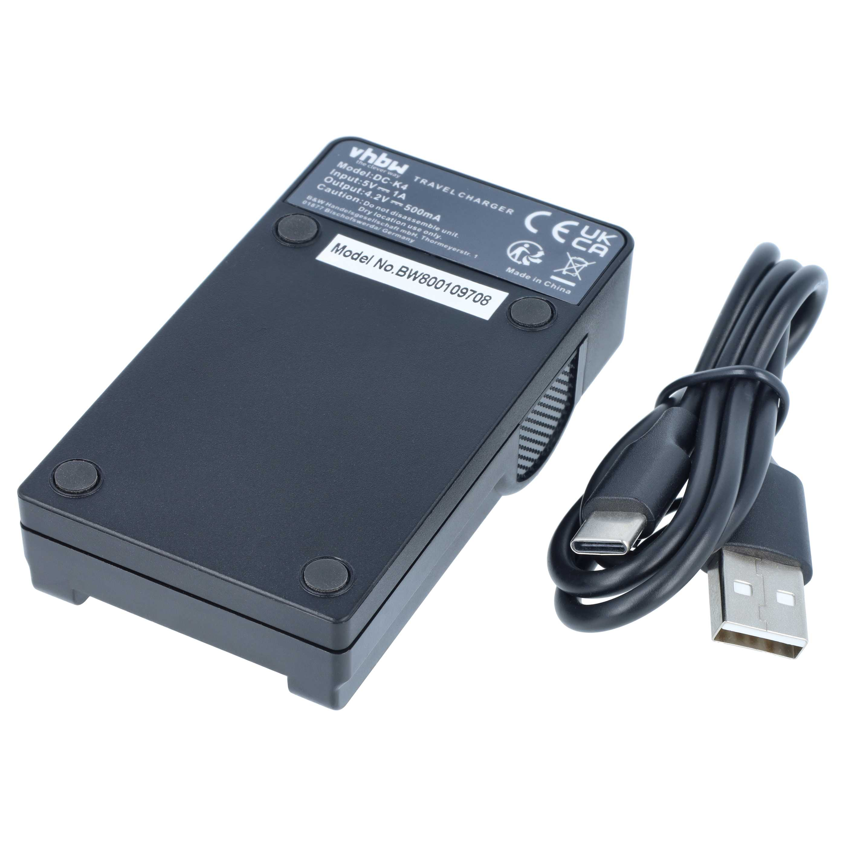 Schwarzes vhbw Reise-Ladegerät mit technischen Daten und einem gebündelten USB-Kabel.