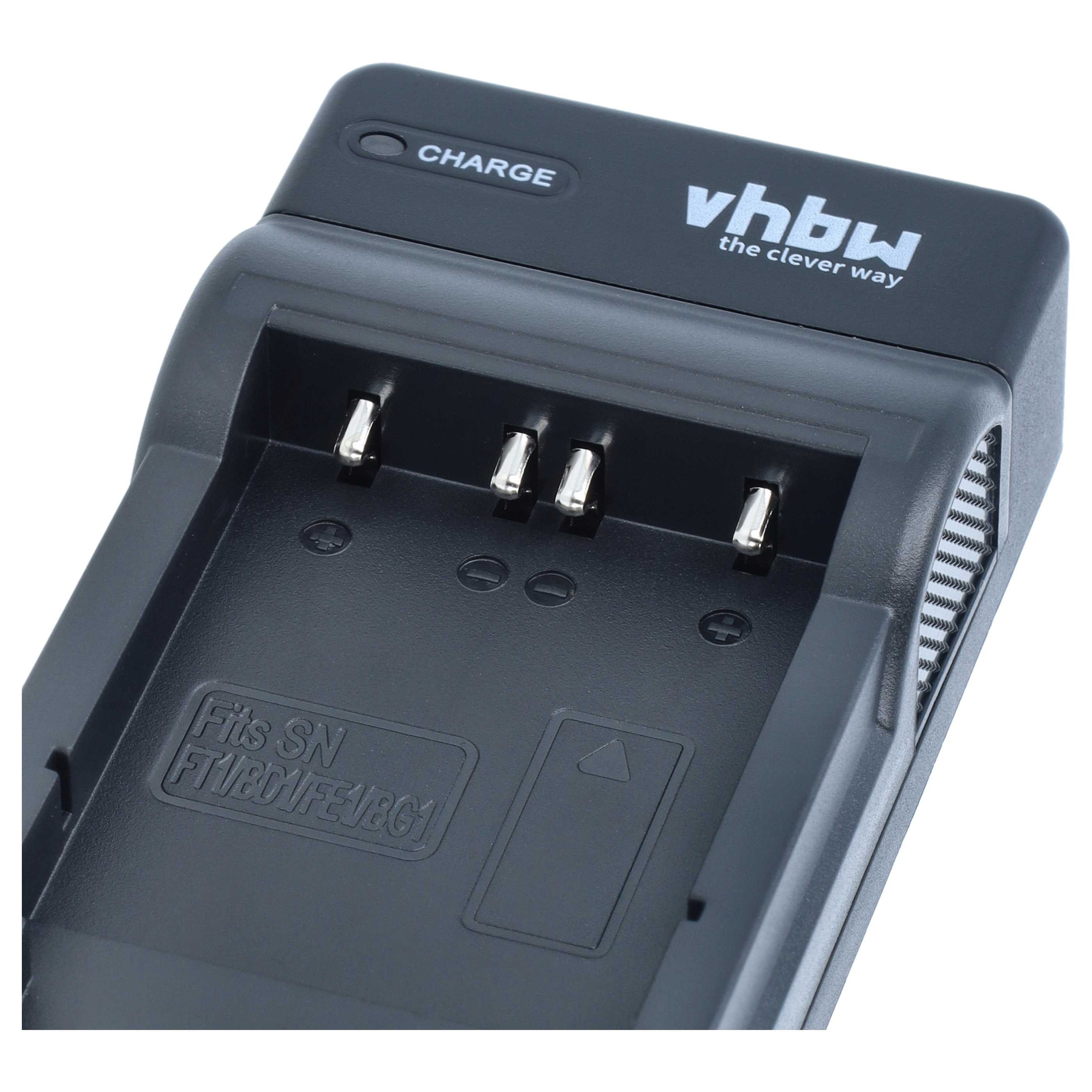 Ein schwarzes vhbw Akkuladegerät mit vier Metallkontakten und Aufdruck vor weißem Hintergrund.