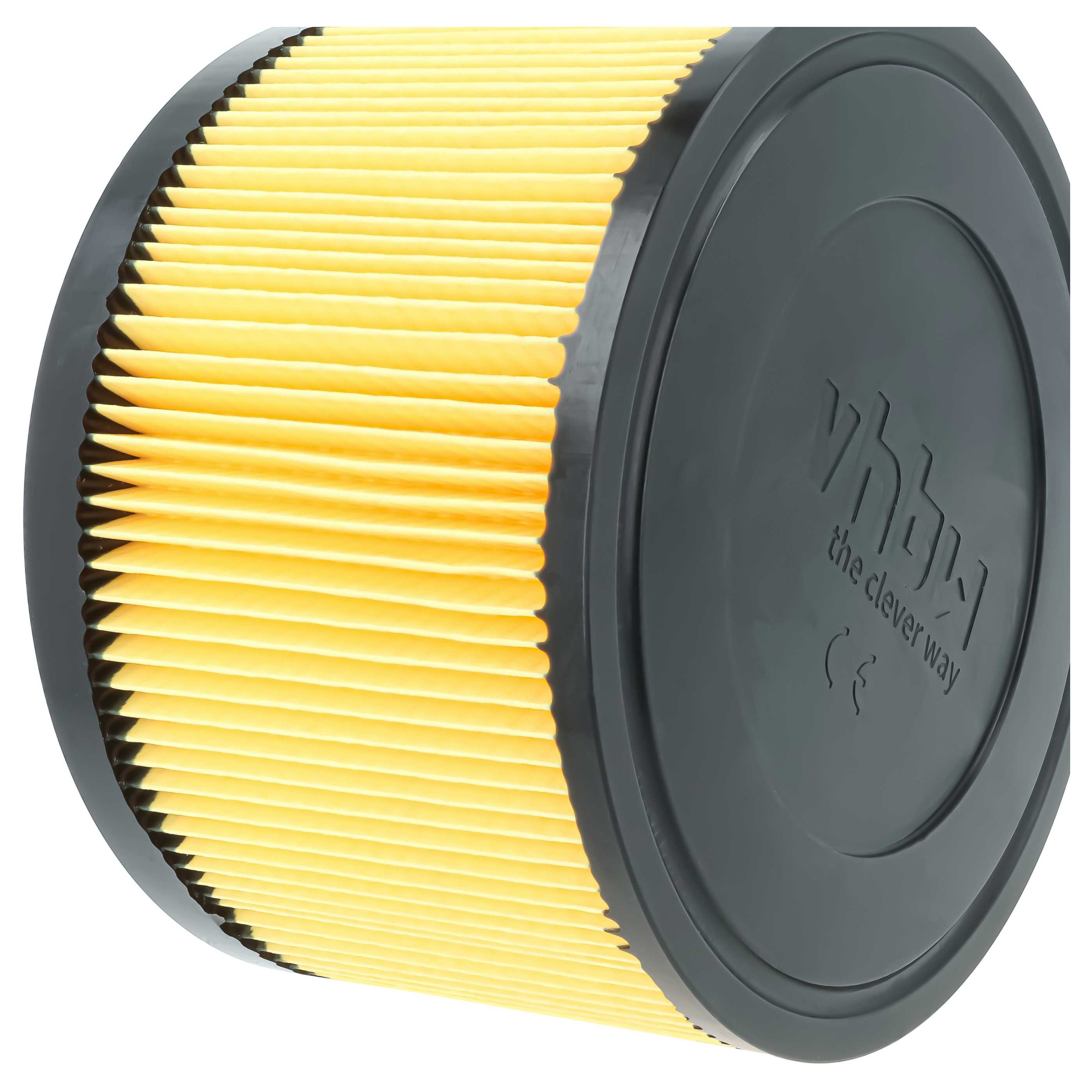 Ein zylindrischer gelber Filter mit schwarzen Plastikkappen, eine Kappe hat Text.
