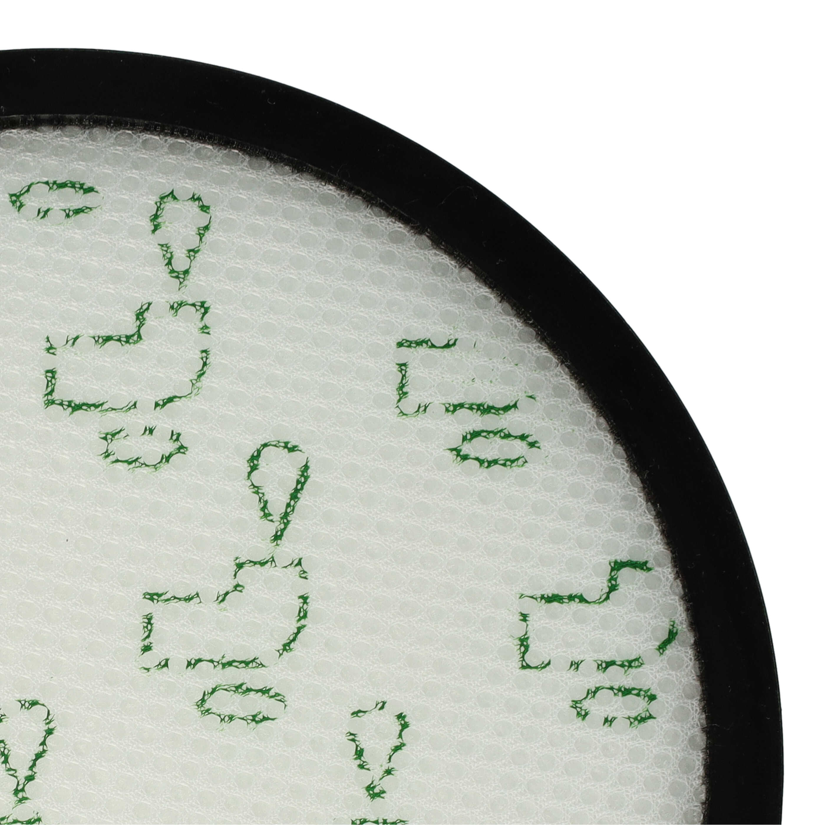 Ein runder weißer Luftfilter mit schwarzem Rahmen zeigt verstreute grüne Fragezeichen-Symbole.