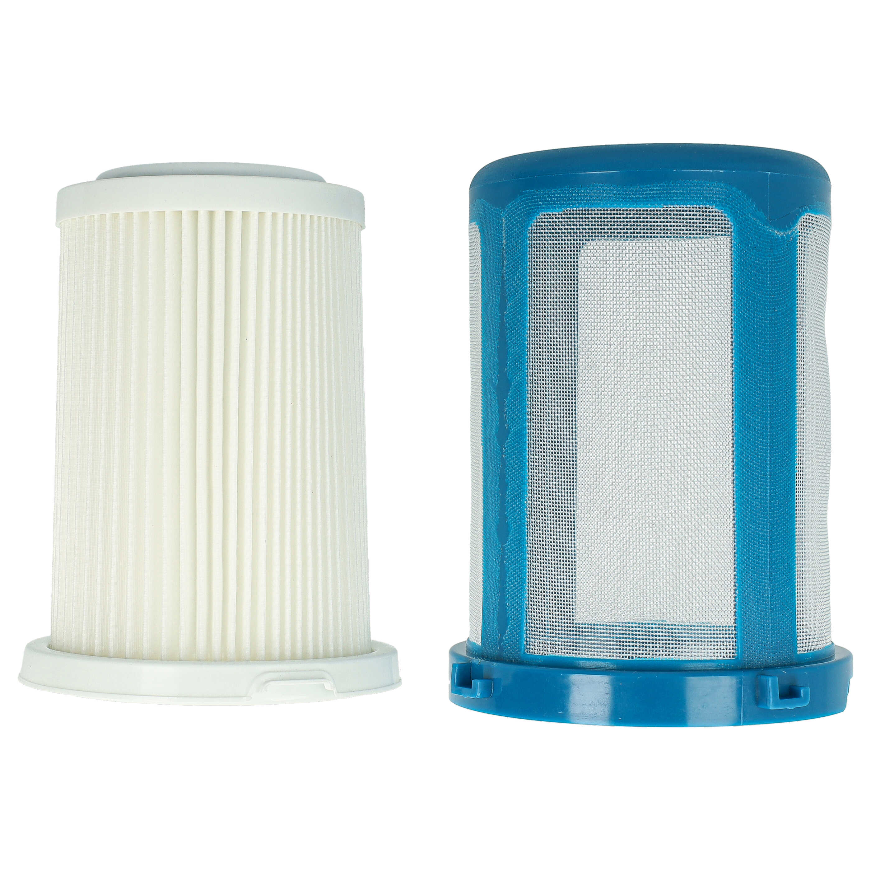 Zwei zylindrische Filter: links weiß und plissiert, rechts blau mit weißem Netz.