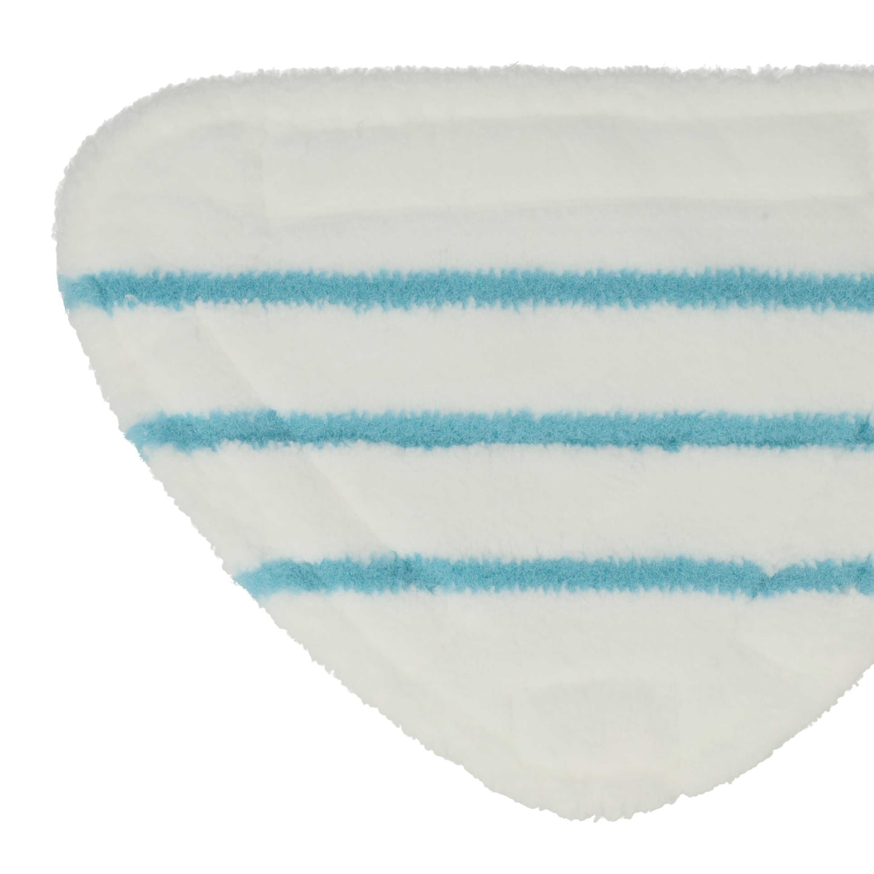 Ein weißer, dreieckiger Wischbezug mit drei blauen Streifen auf weißem Hintergrund.