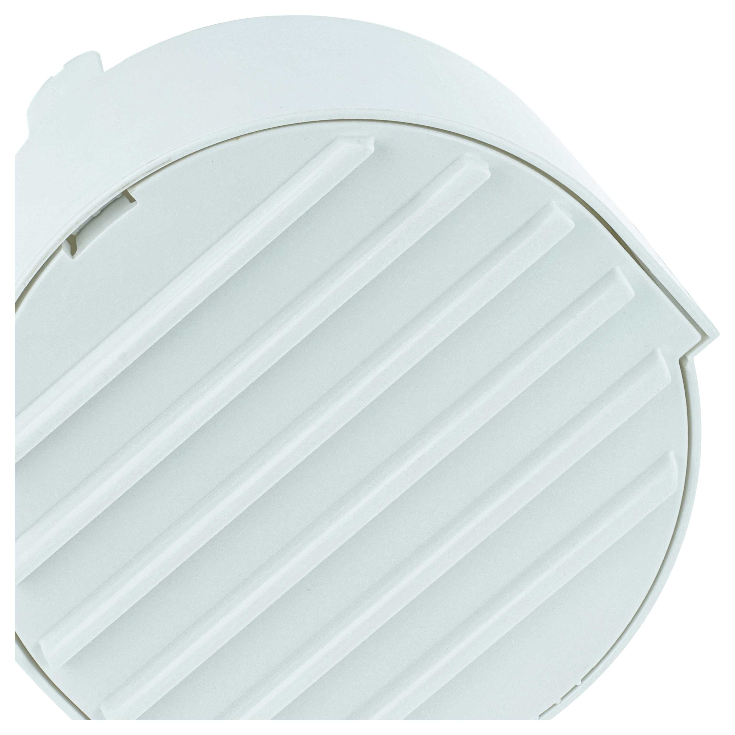 Eine weiße runde Plastikplatte mit diagonalen Rillen auf einer weißen Fläche.