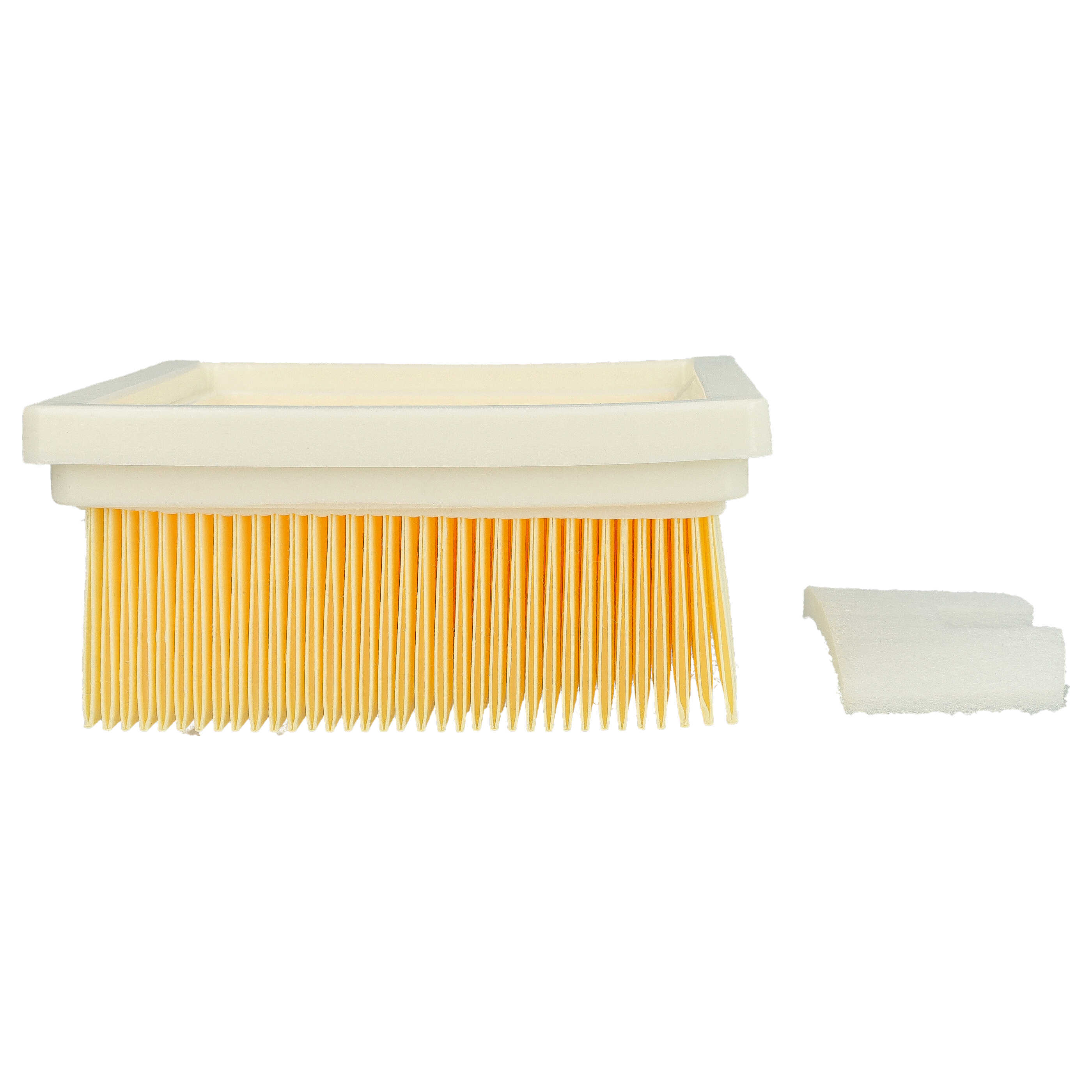 Rechteckiger gelber Papierluftfilter mit weißem Rahmen und separatem Schaumstoffteil.
