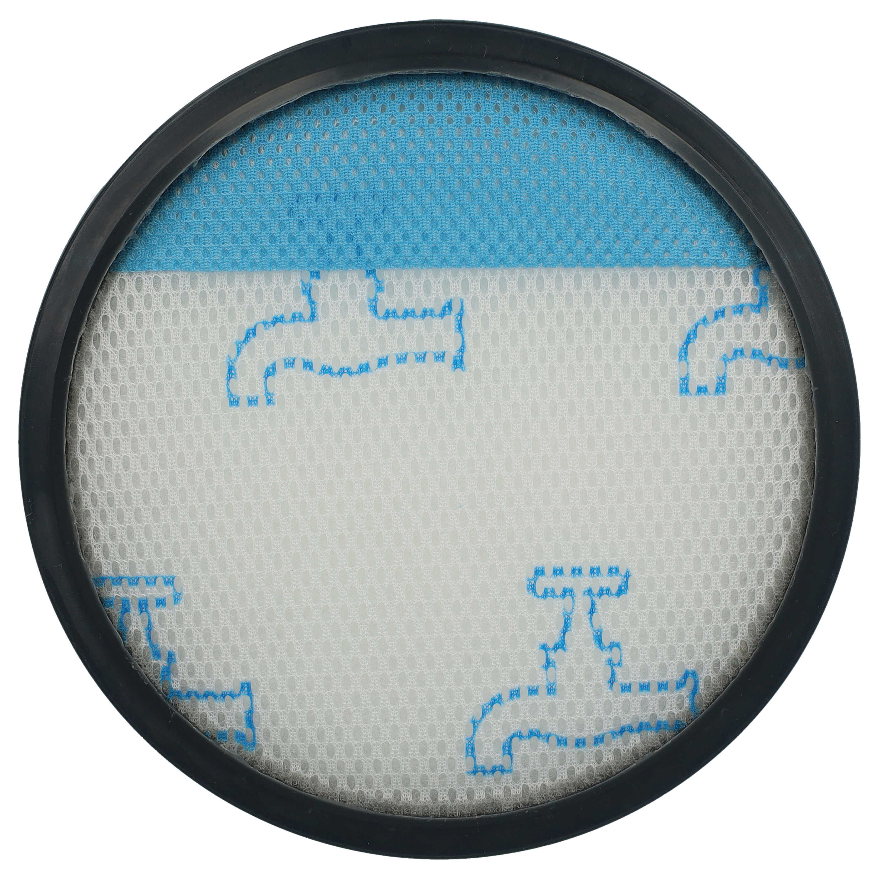 Runder, weißer und blauer Filter mit schwarzem Rahmen und blauen Wasserhahnsymbolen.
