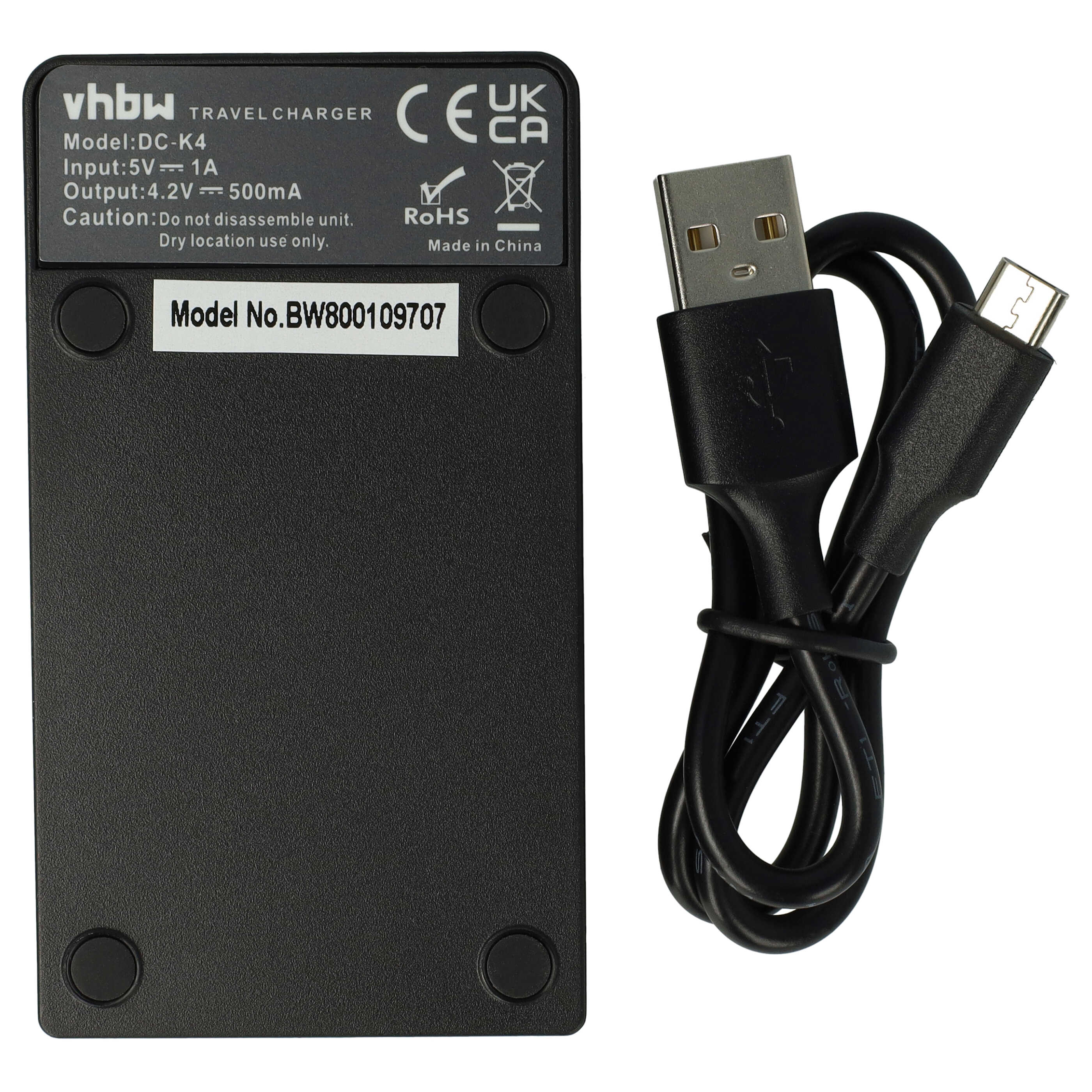 Ein schwarzes vhbw Reise-Ladegerät mit Modellinformationen und einem schwarzen USB-Ladekabel.