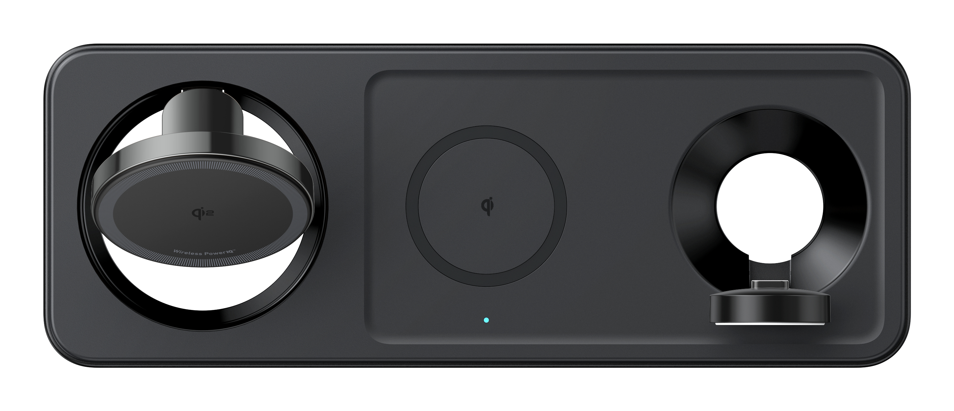 Schwarze kabellose 3-in-1-Ladestation mit integrierten Ladeflächen für Smartphone, Ohrhörer und Smartwatch.