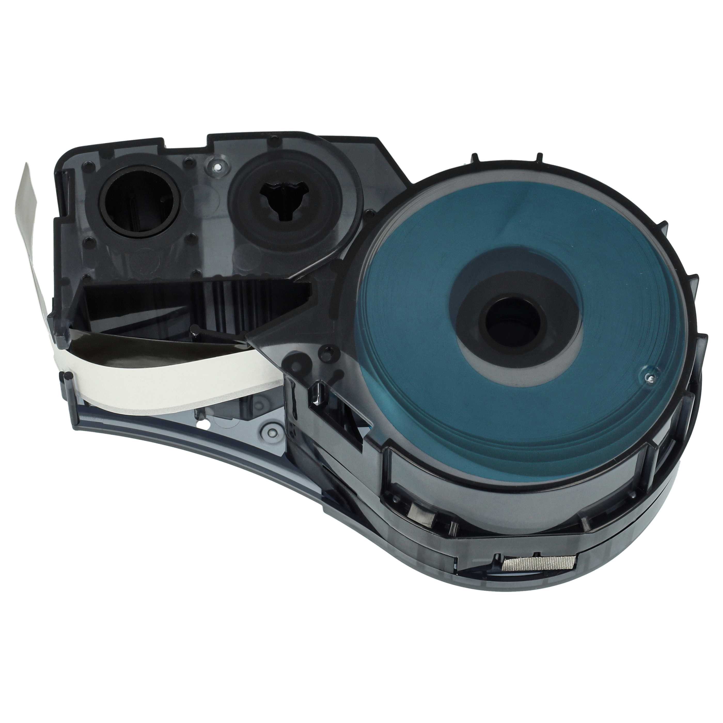 Eine schwarze und transparente Etikettendruckerkassette mit großer blauer Farbbandrolle und weißem Etikettenband.