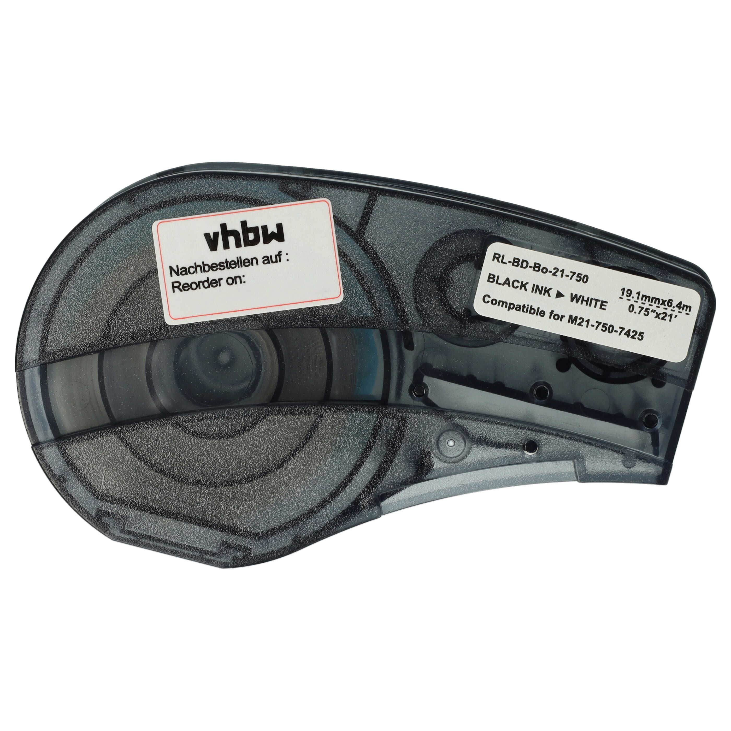 Eine schwarze Etikettenkassette mit Vhbw-Aufkleber auf weißem Hintergrund.