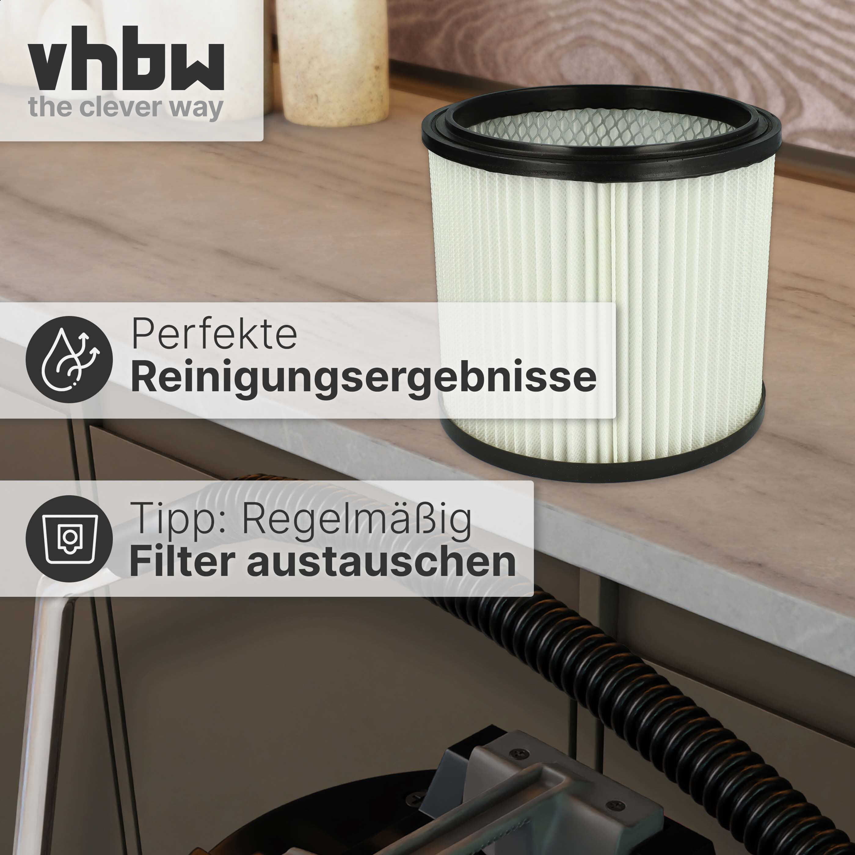 Ein zylindrischer Staubsaugerfilter auf einer Arbeitsplatte mit Textoverlays.