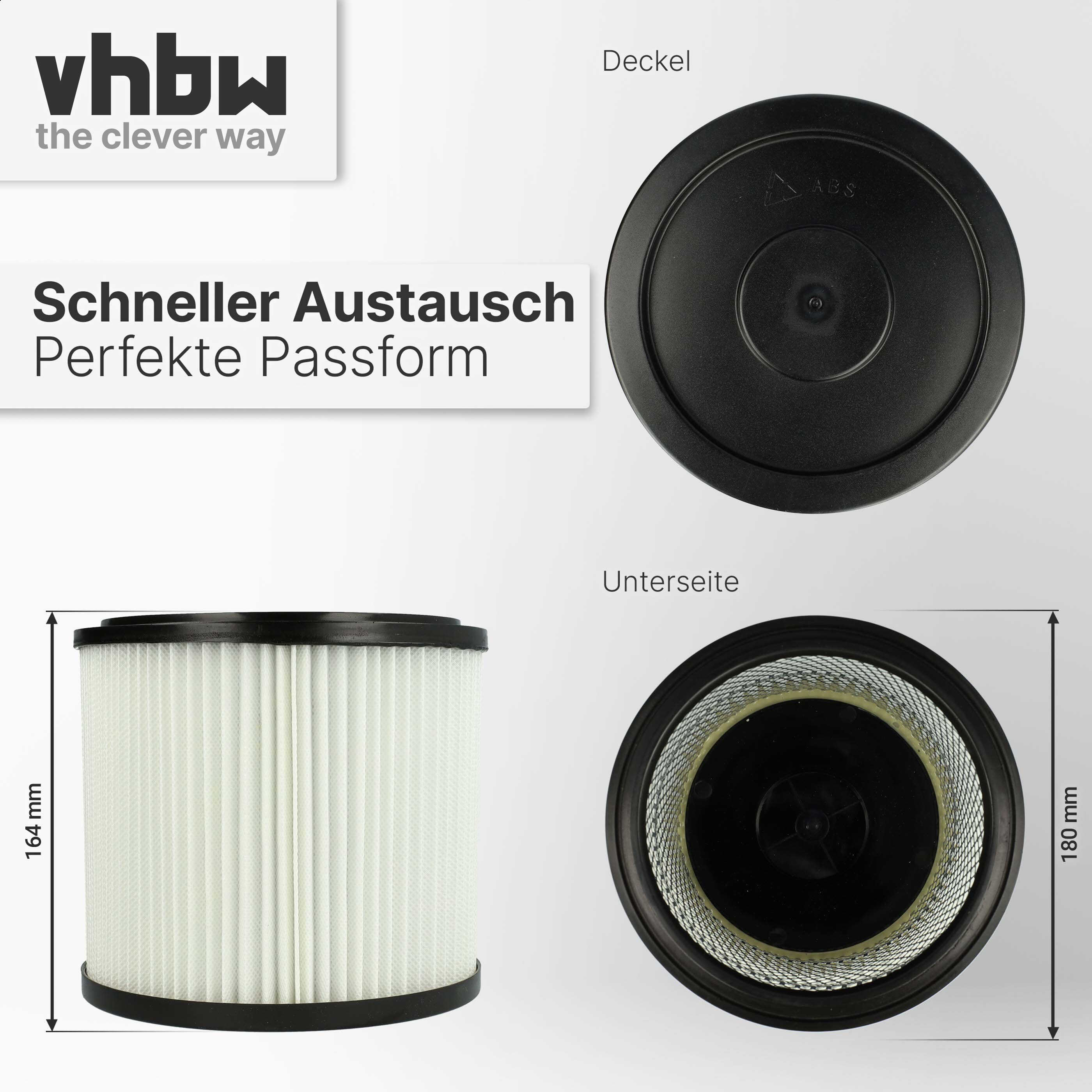 Produktansichten eines zylindrischen Filters mit Maßen und Vhbw-Logo.