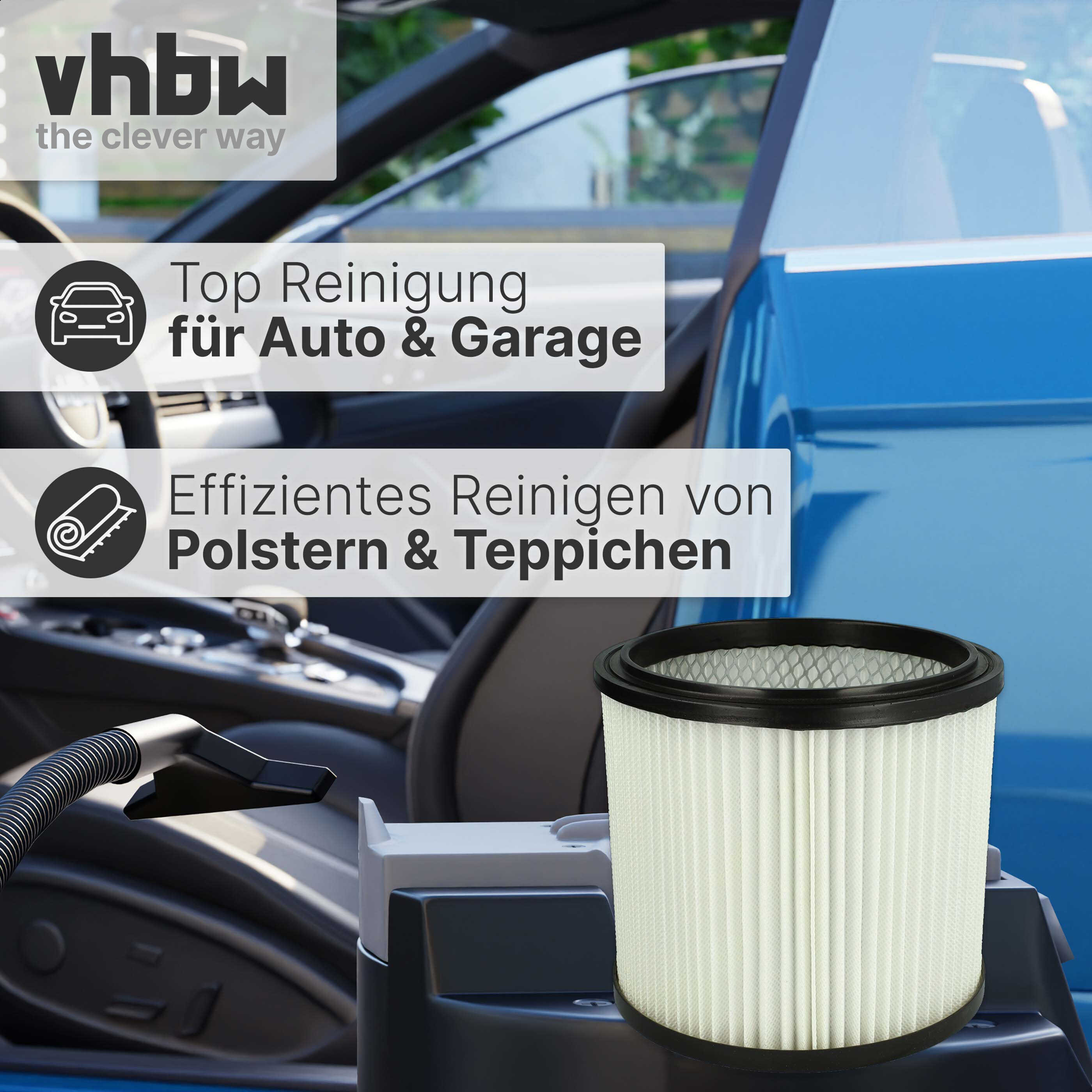 Runder Faltenfilter vor einem Auto mit Texten zur Reinigung von Autositzen und Teppichen.