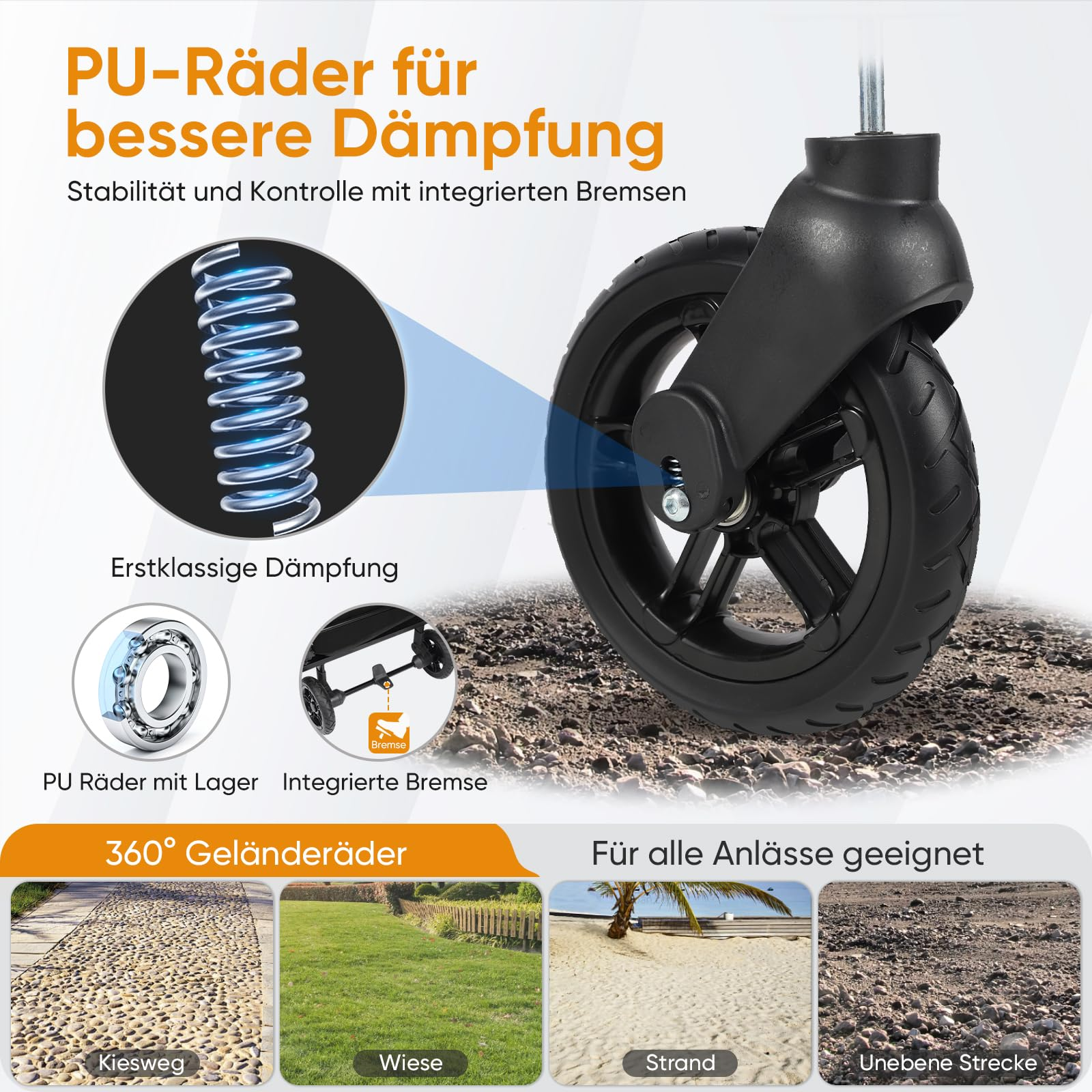 Roue de poussette avec suspension à ressort, roulements et frein intégré, adaptée à divers terrains.